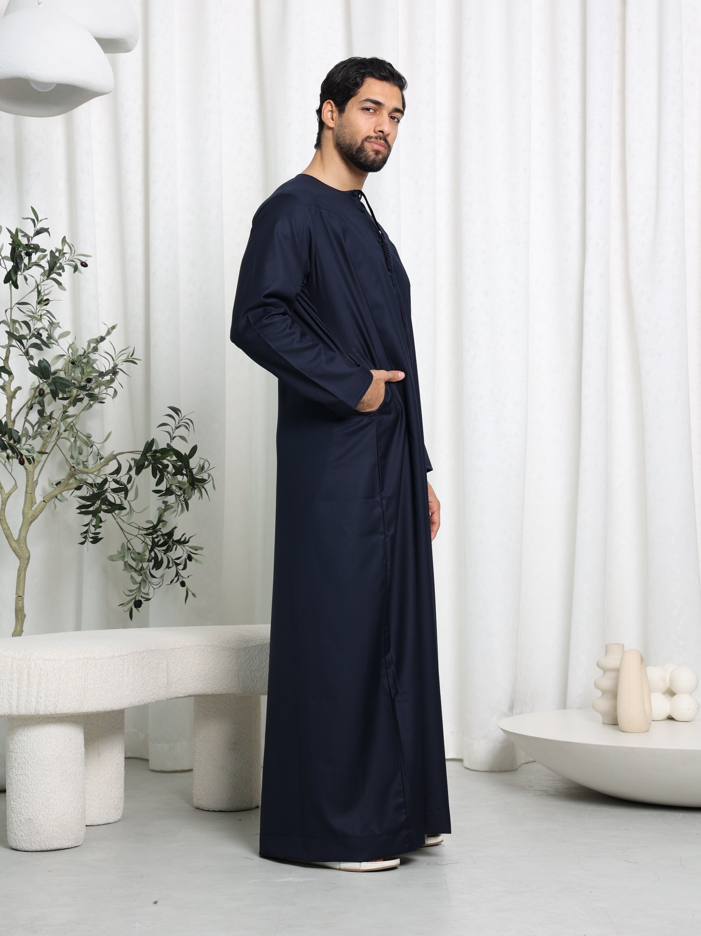 Premium Navy Emirati Embroidered Thobe