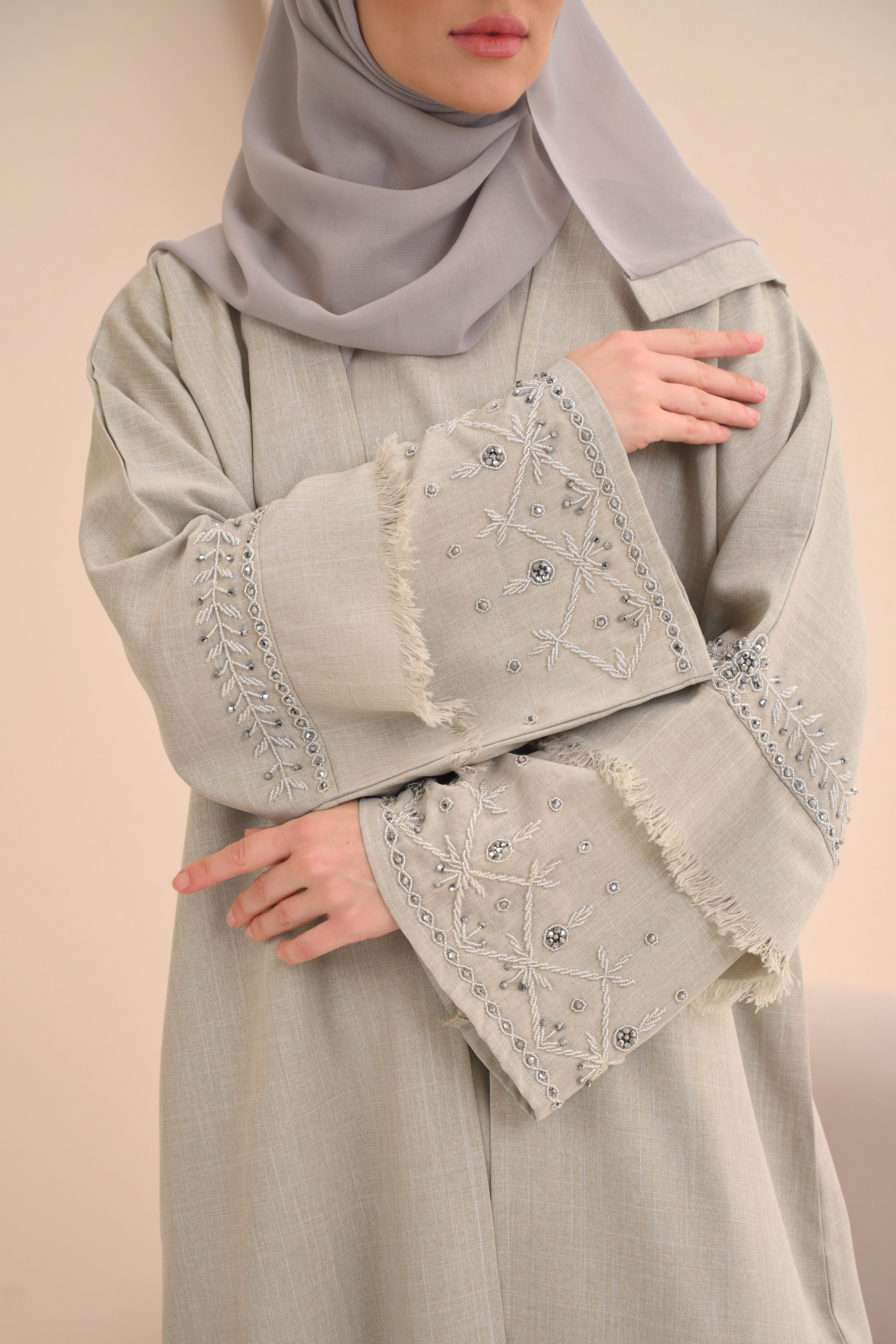 Stone Textured Linen Embellished Abaya