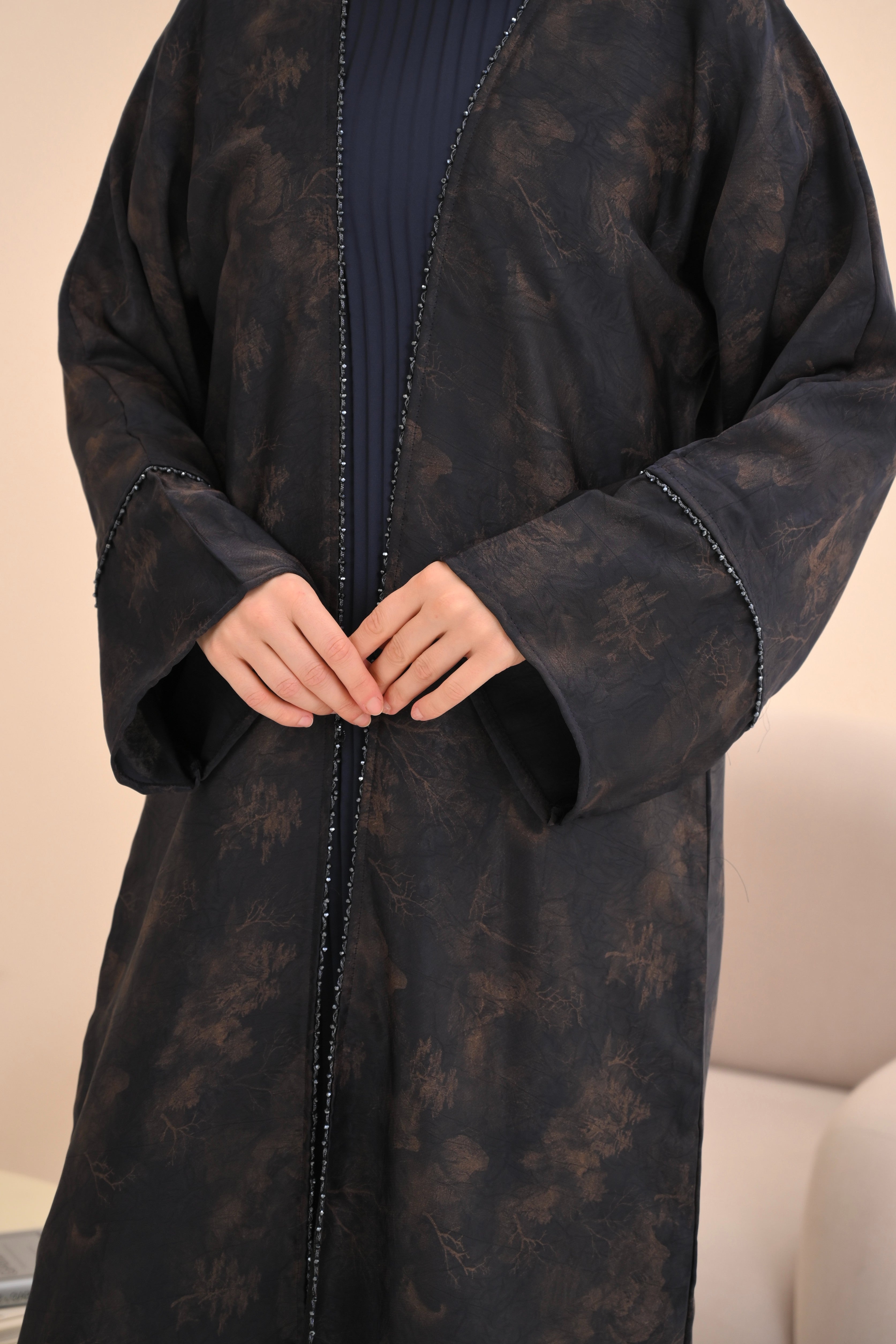 Navy Jacquard Embellished Abaya