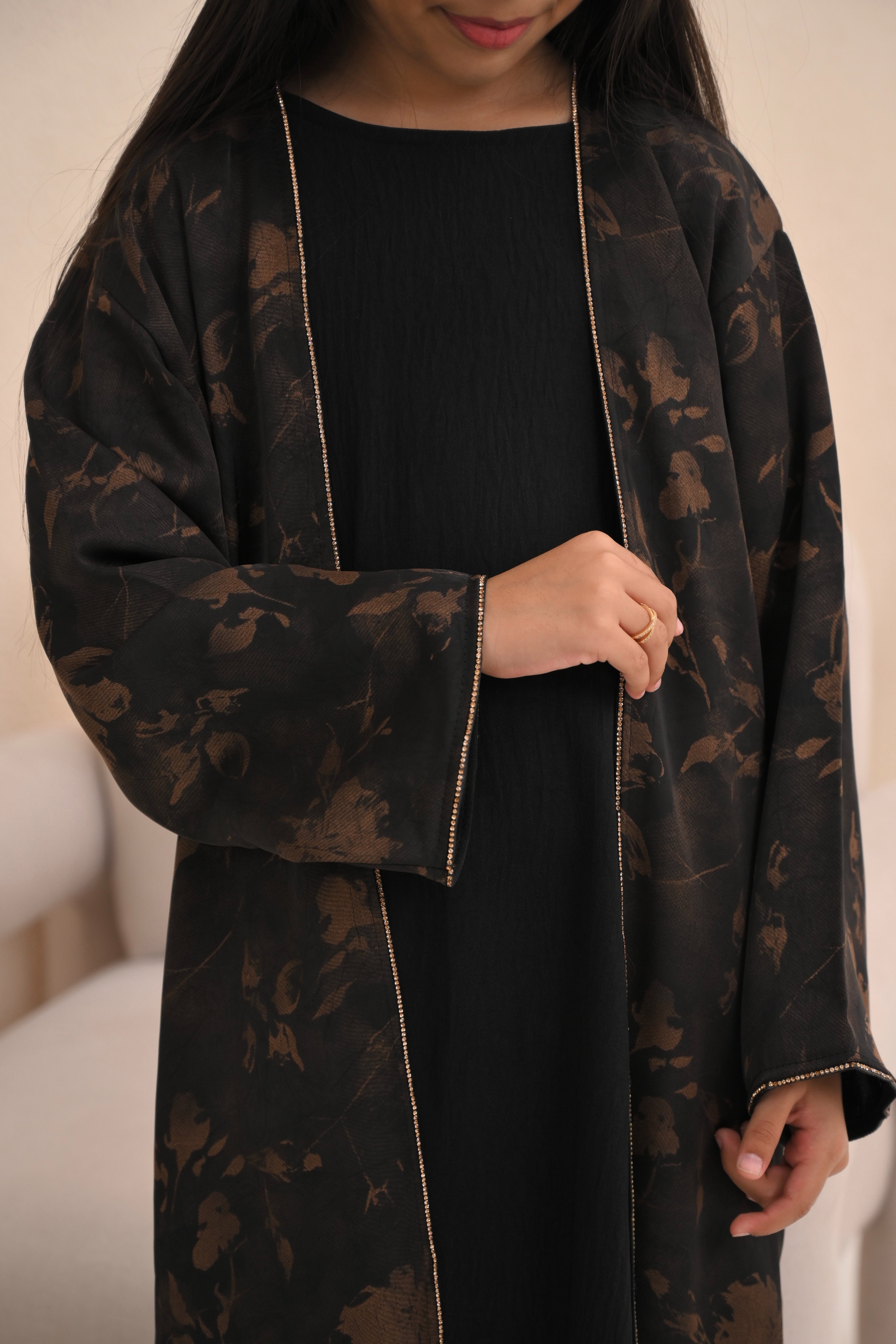 Girls Copper Floral Print Open Abaya