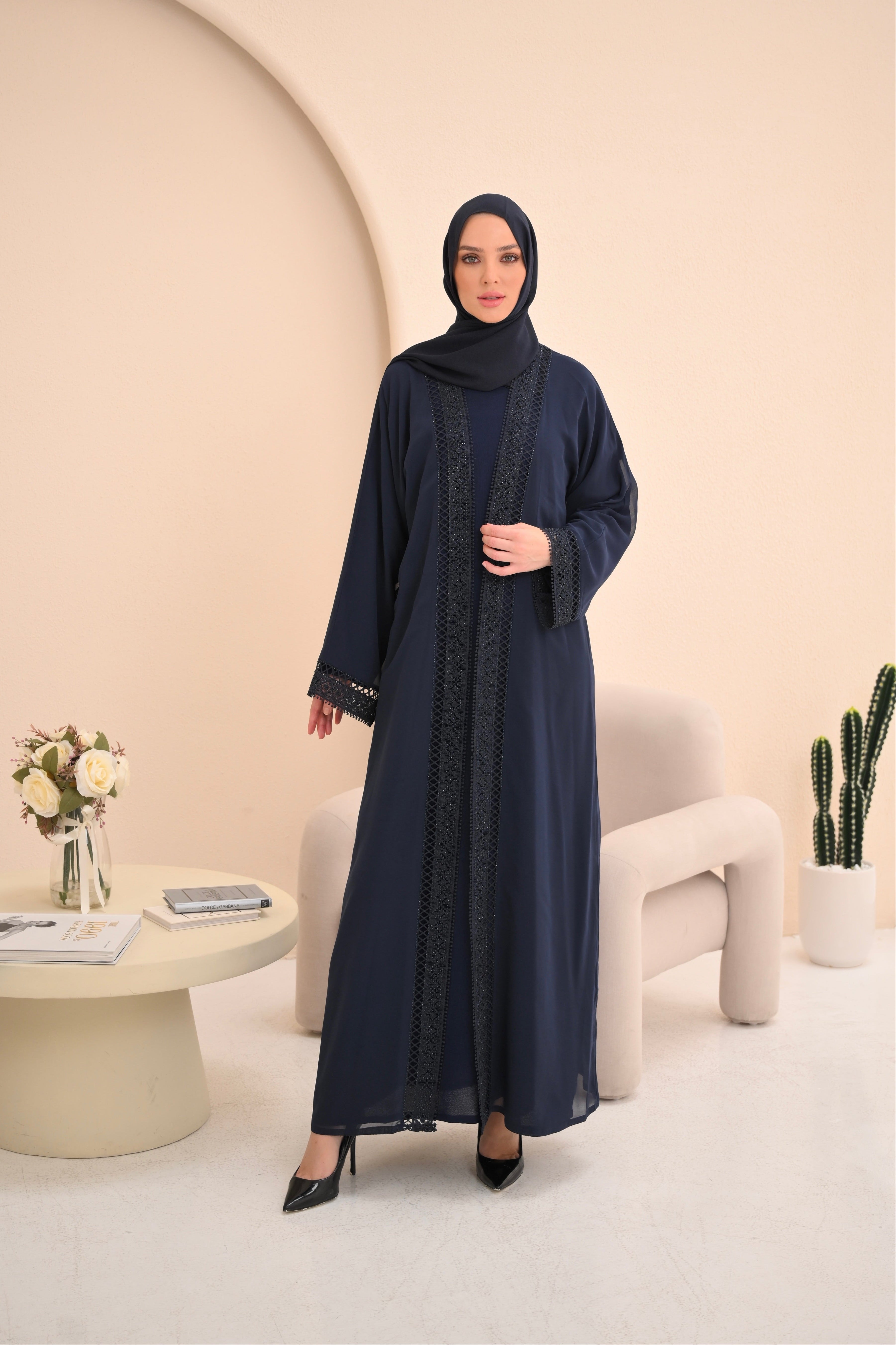 Navy Embellished Trim Abaya