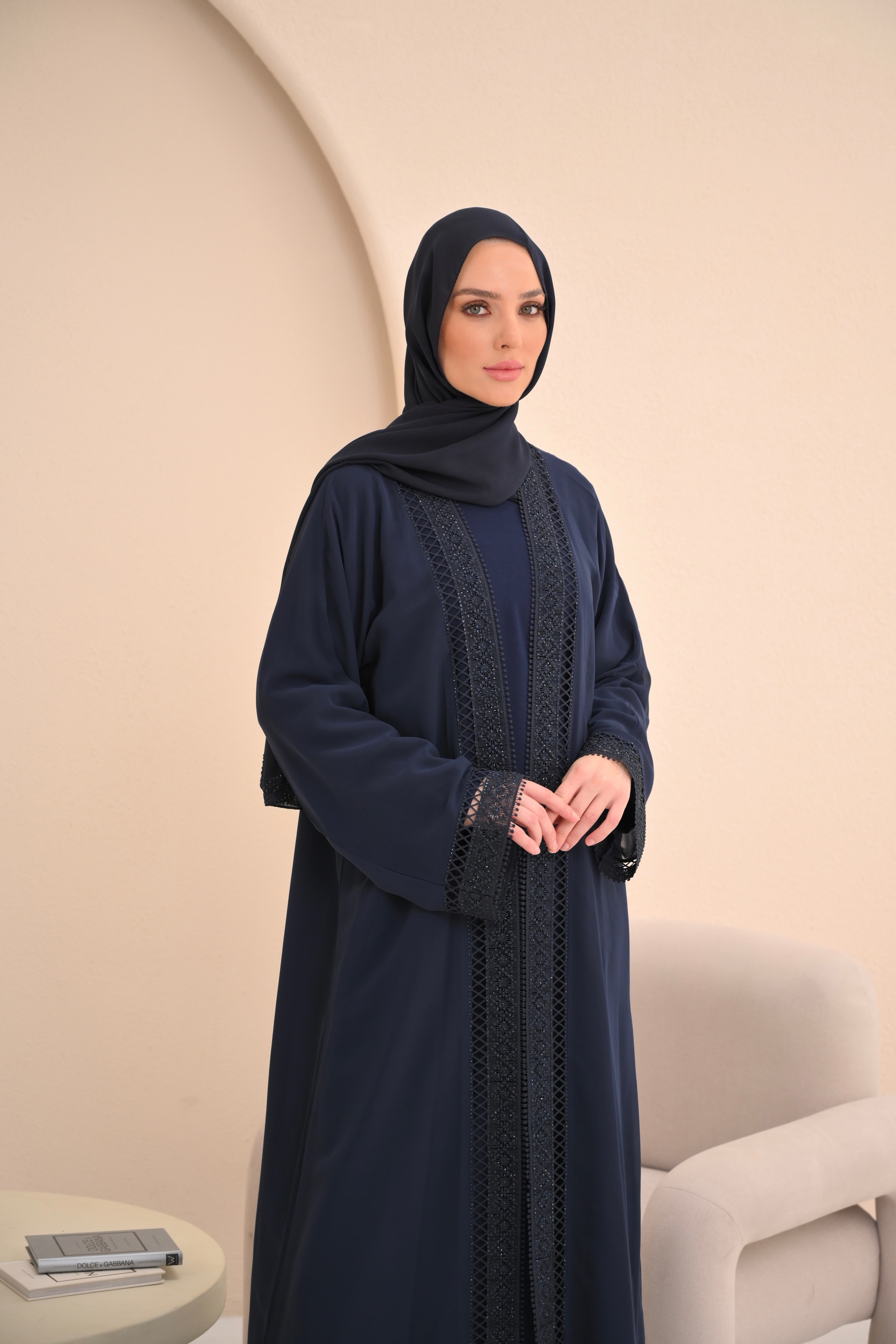 Navy Embellished Trim Abaya