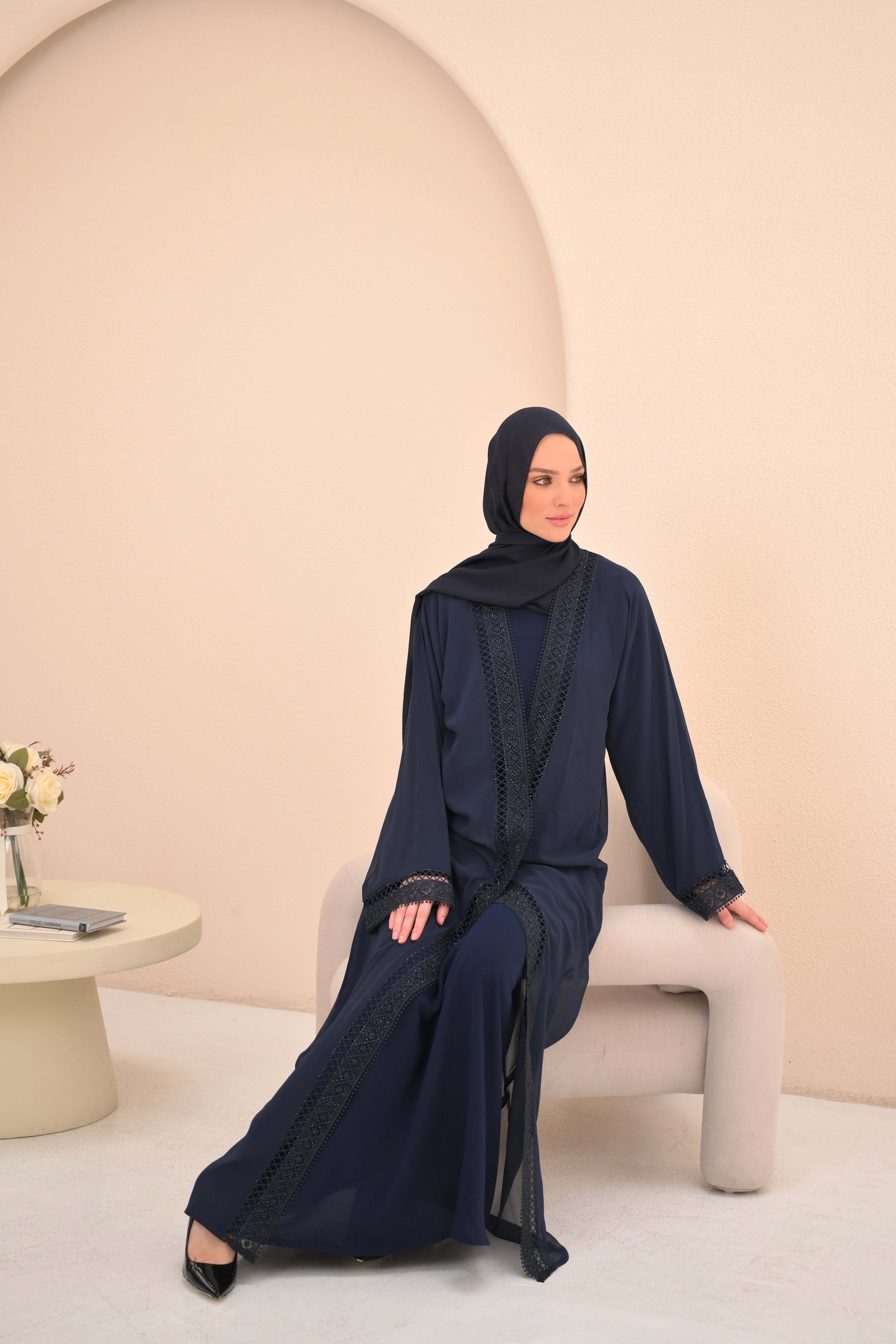 Navy Embellished Trim Abaya