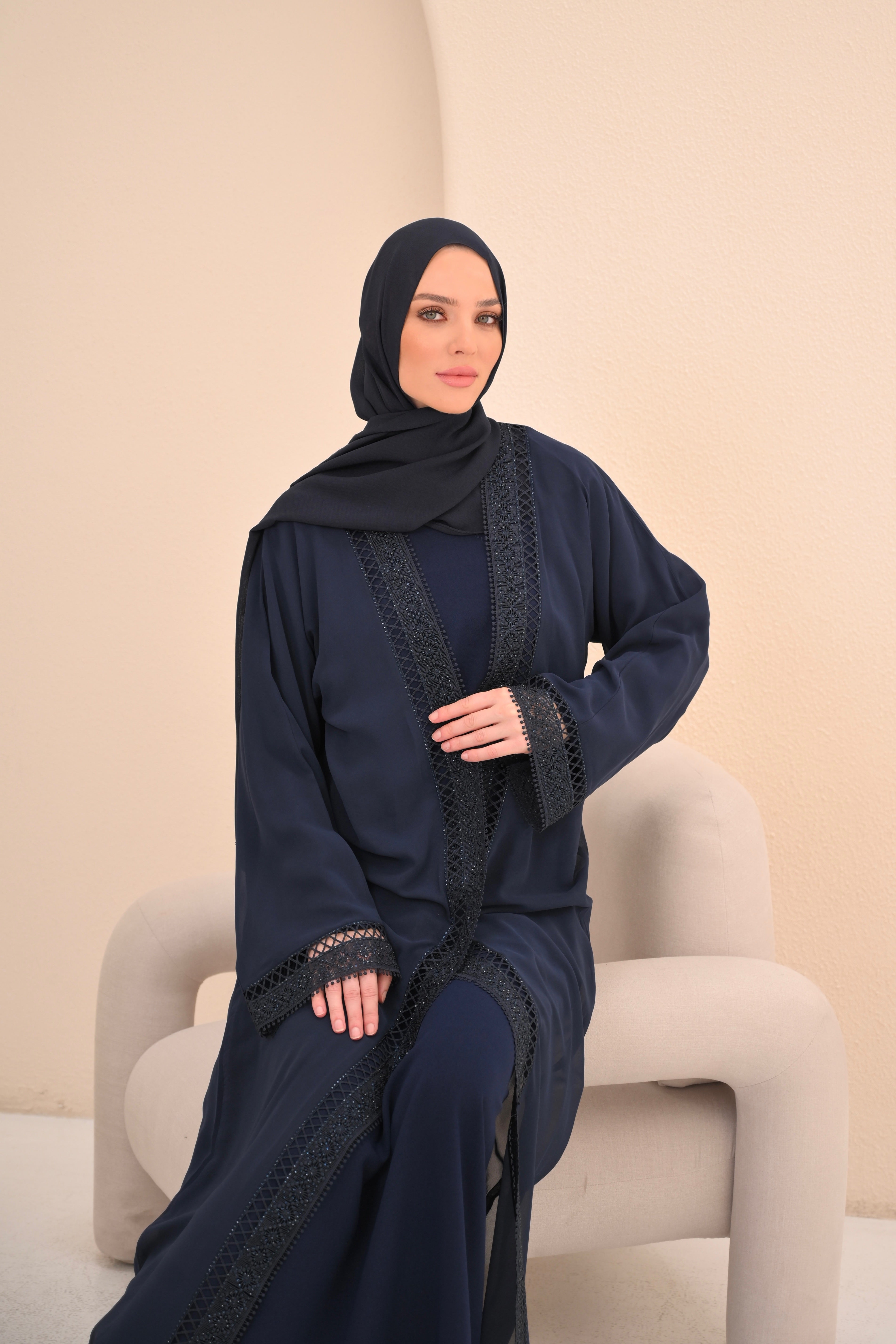 Navy Embellished Trim Abaya