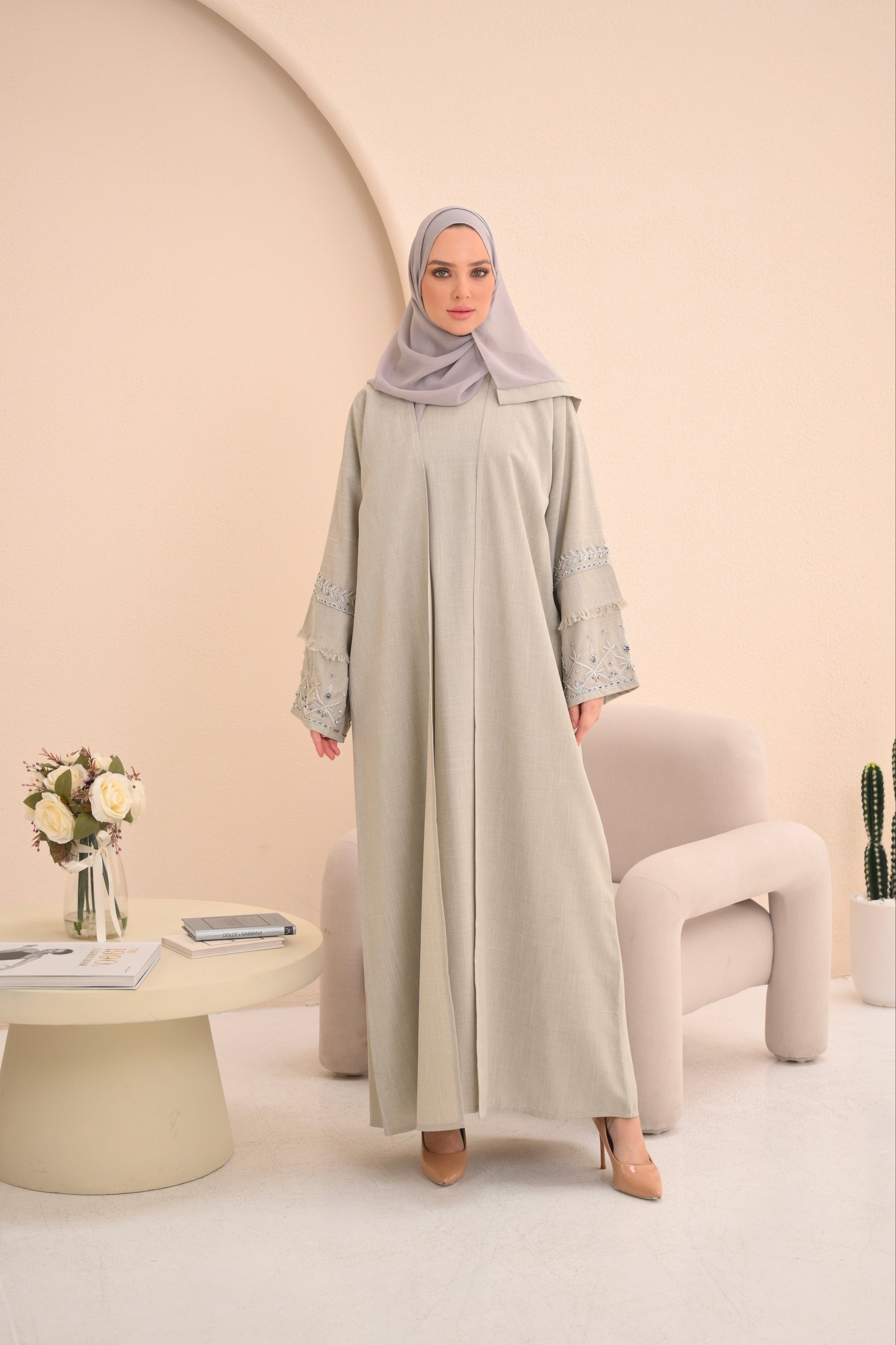 Stone Textured Linen Embellished Abaya