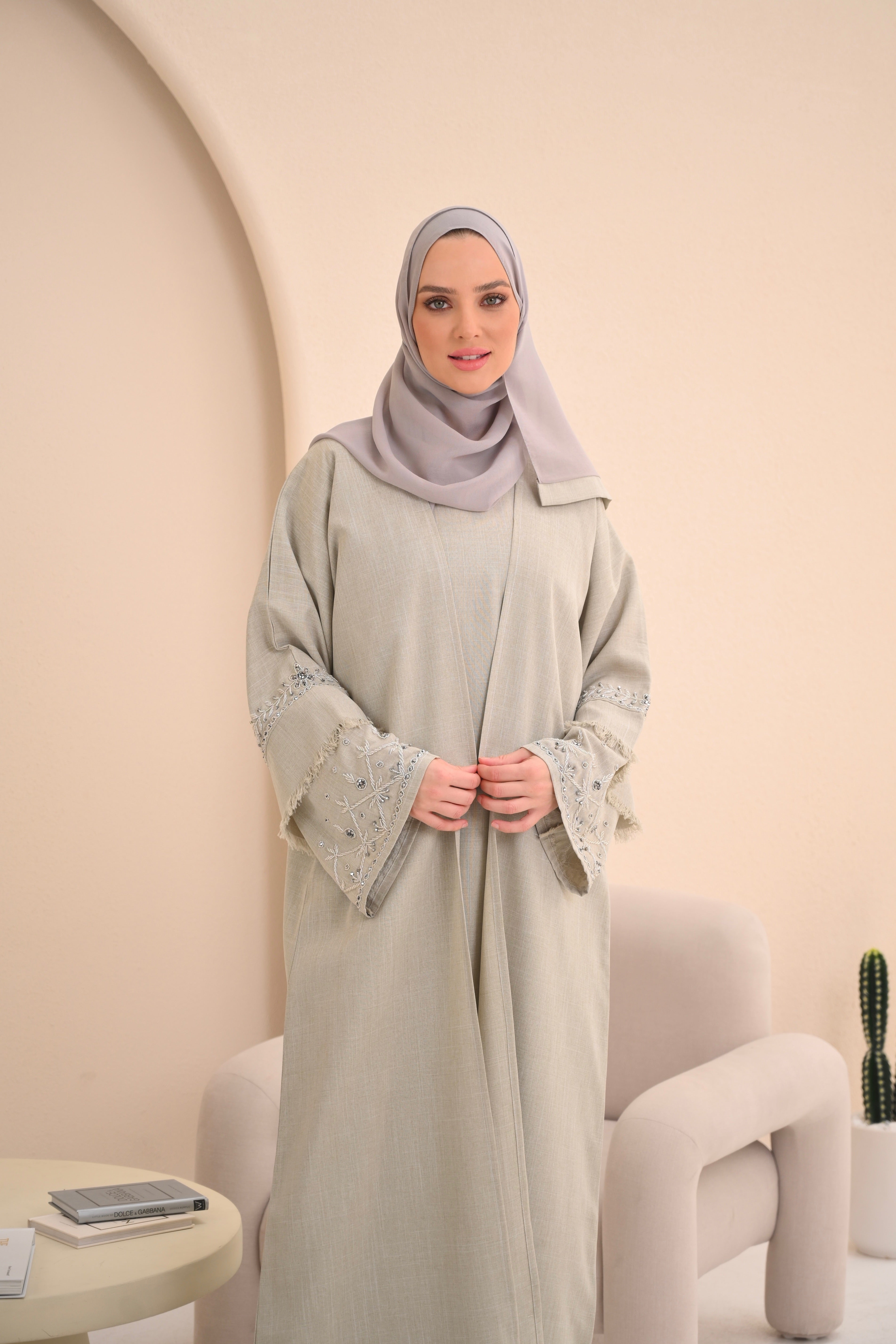 Stone Textured Linen Embellished Abaya