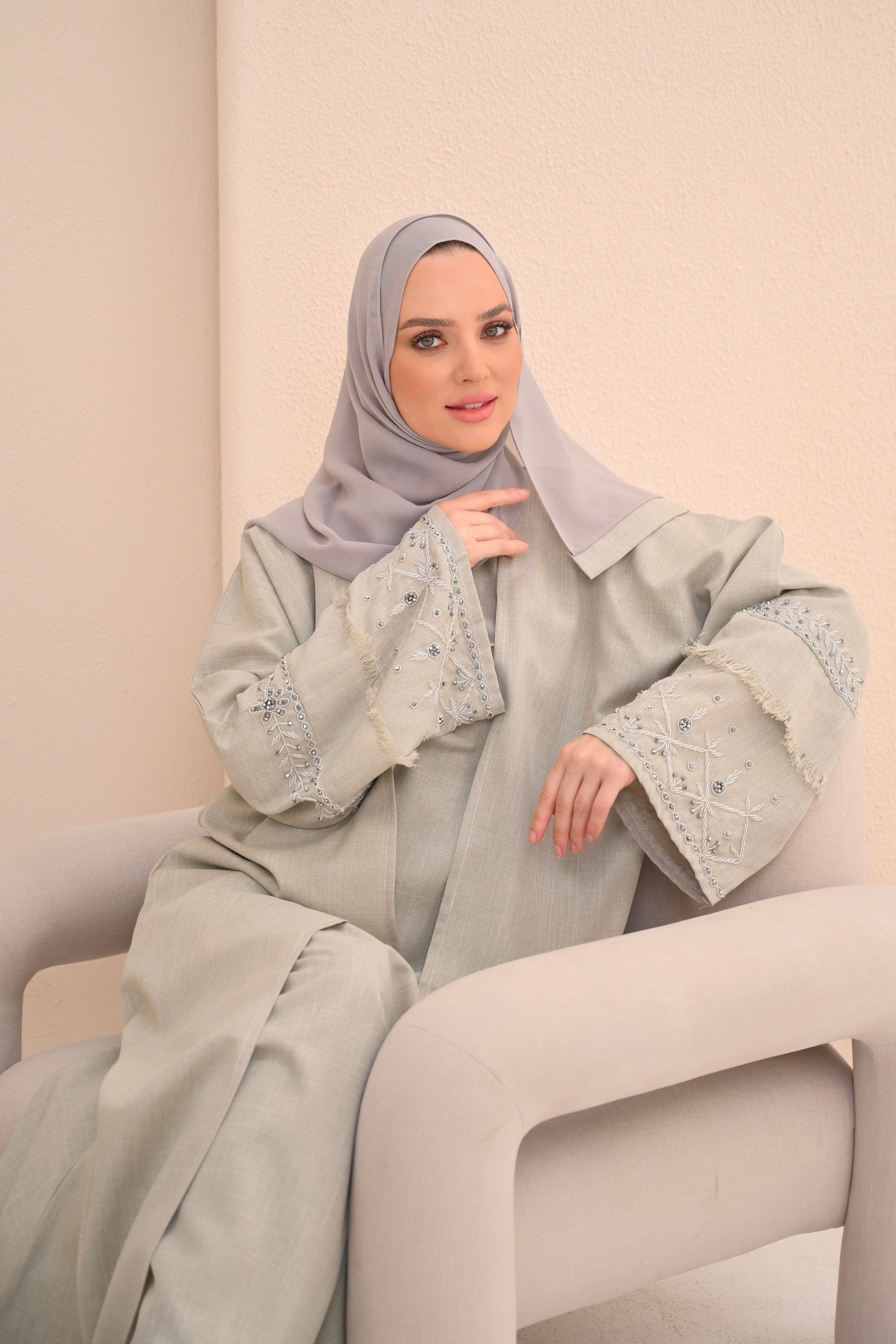 Stone Textured Linen Embellished Abaya