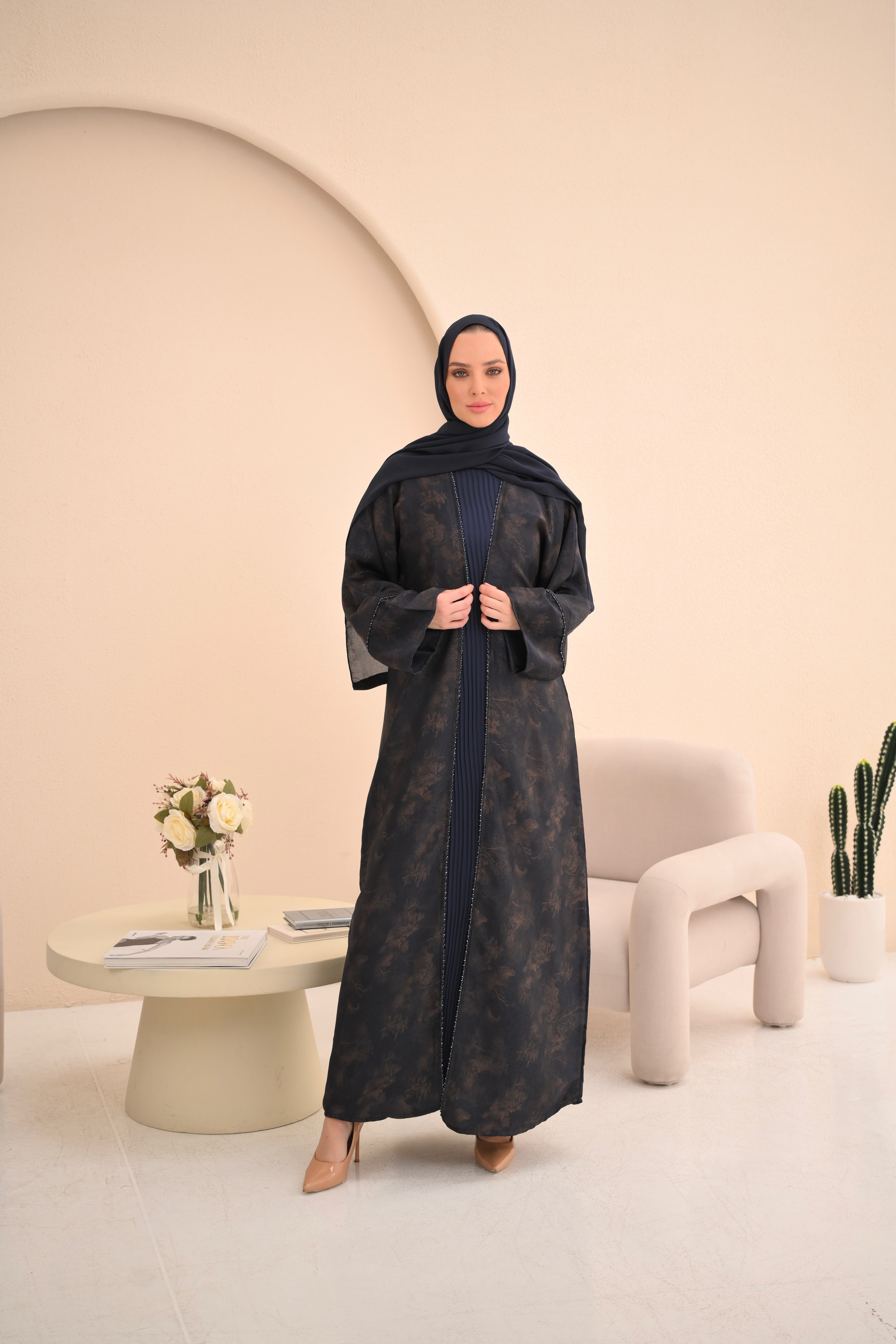 Navy Jacquard Embellished Abaya