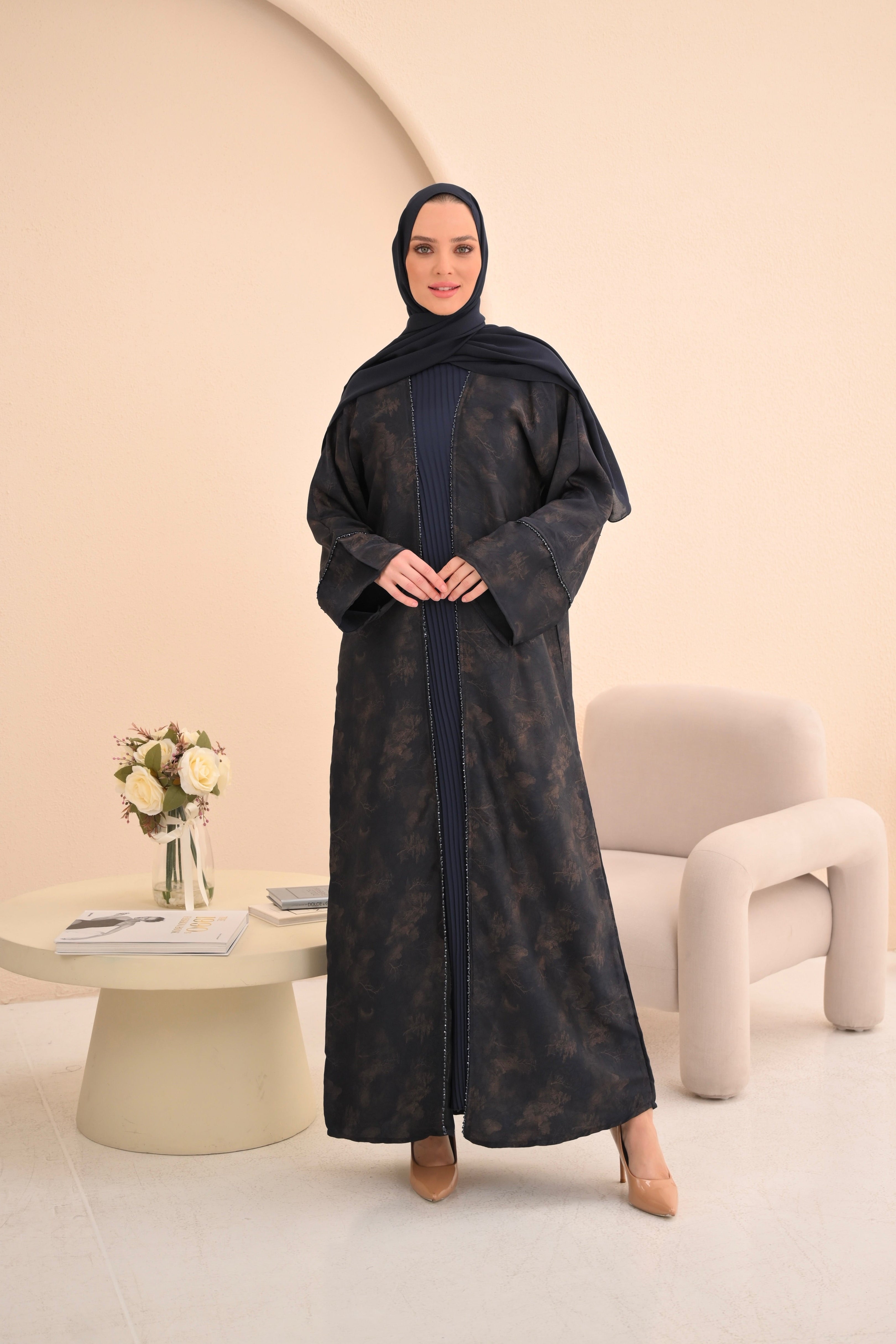 Navy Jacquard Embellished Abaya
