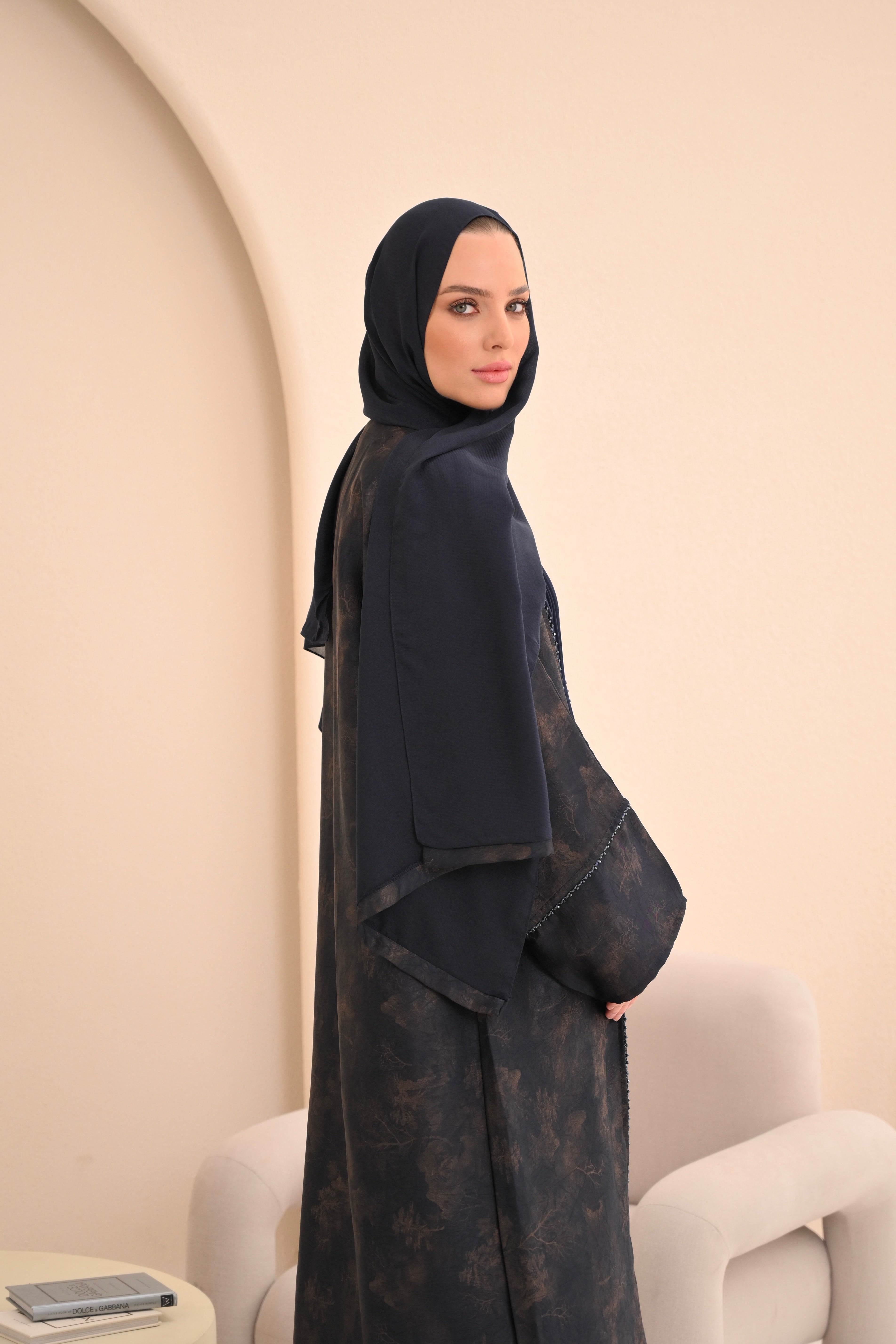 Navy Jacquard Embellished Abaya