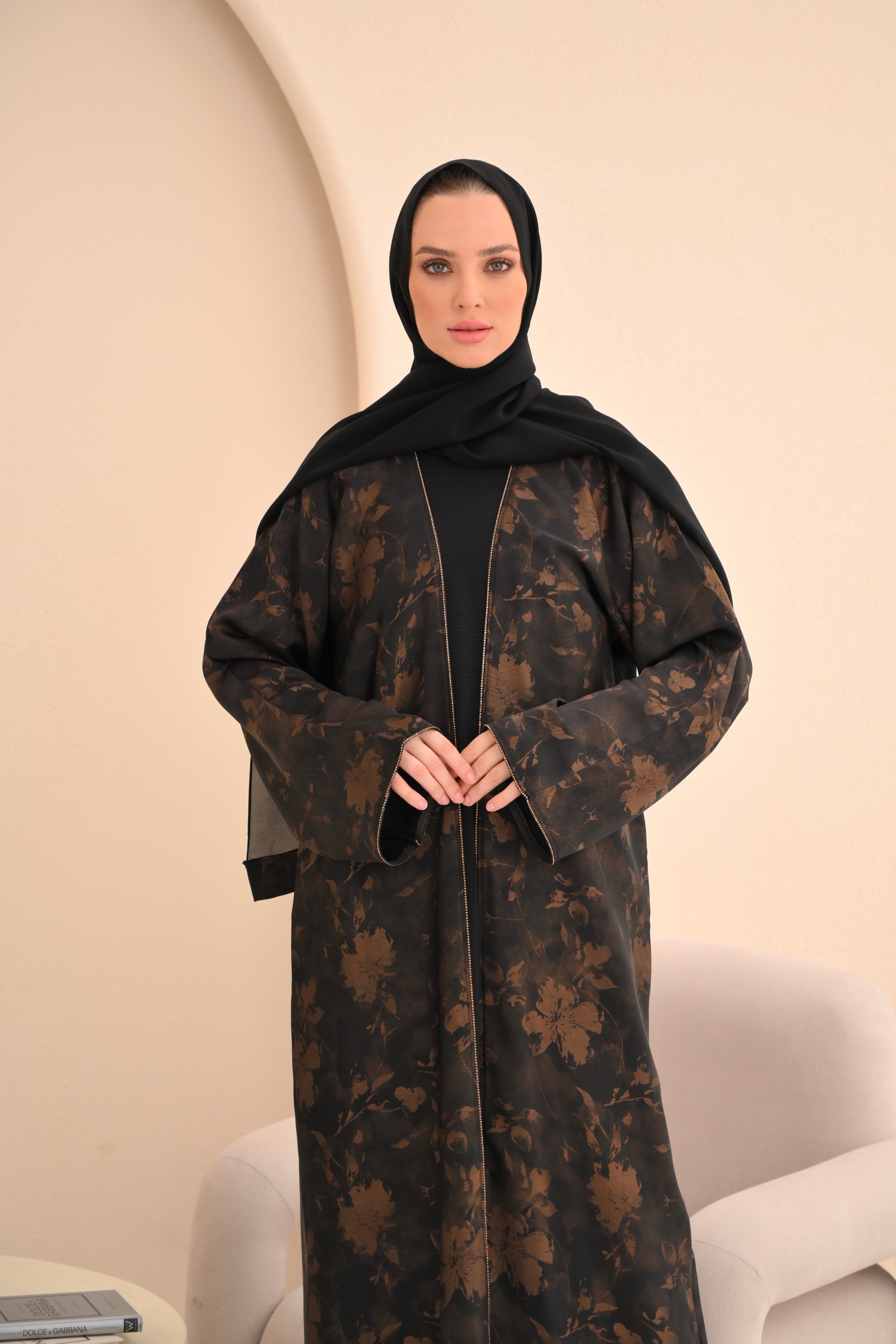 Girls Copper Floral Print Open Abaya