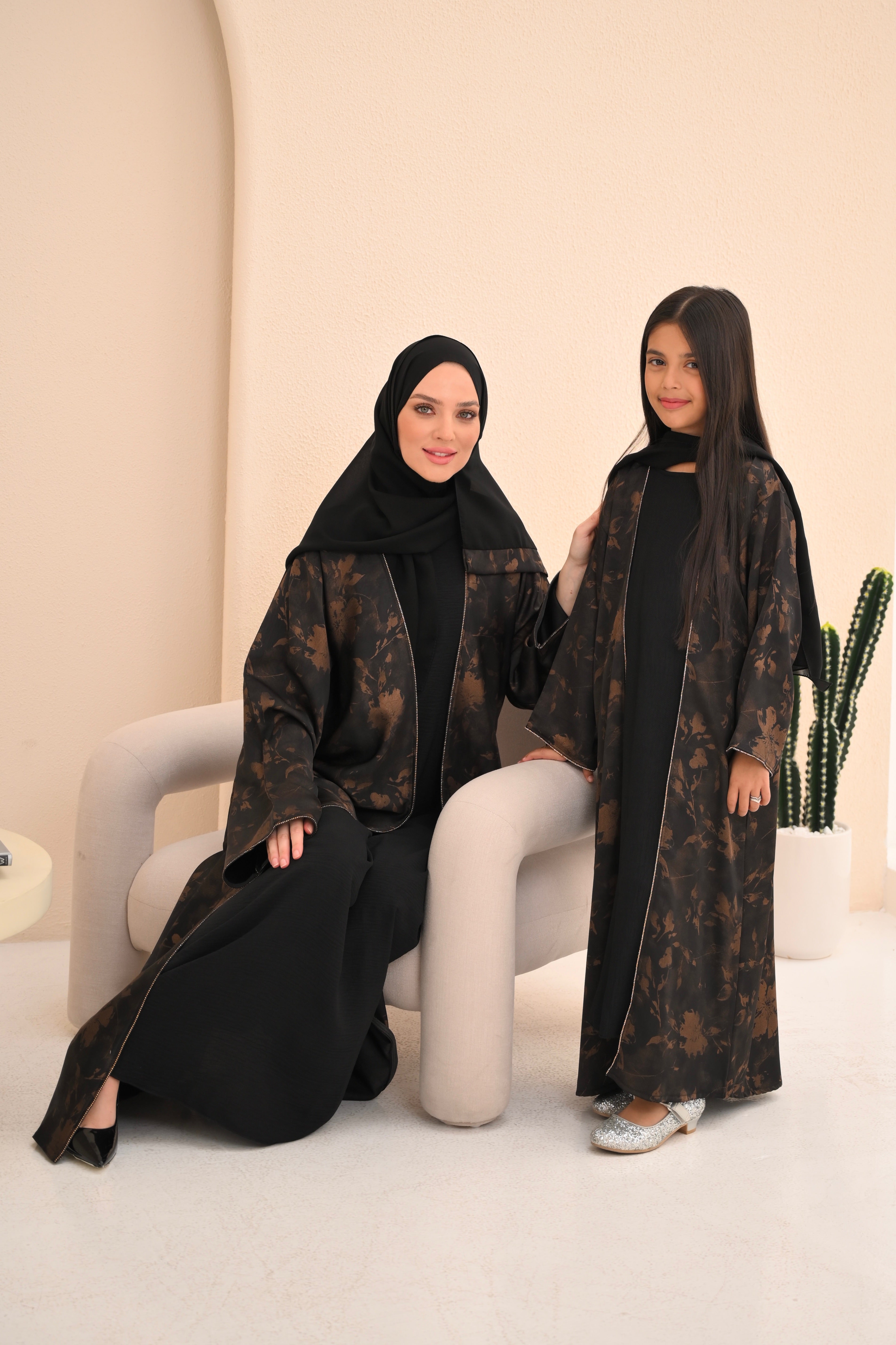 Girls Copper Floral Print Open Abaya
