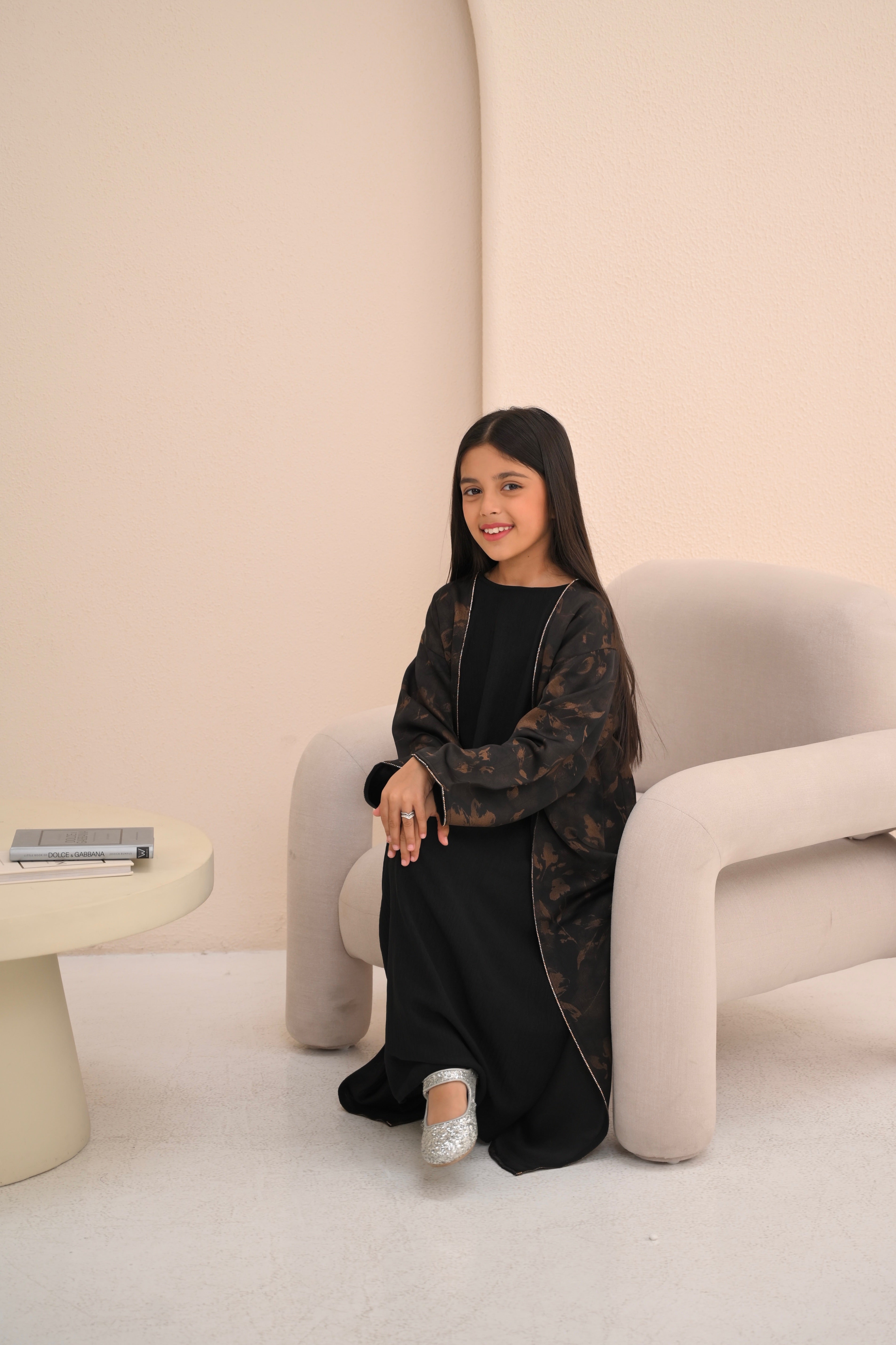 Girls Copper Floral Print Open Abaya