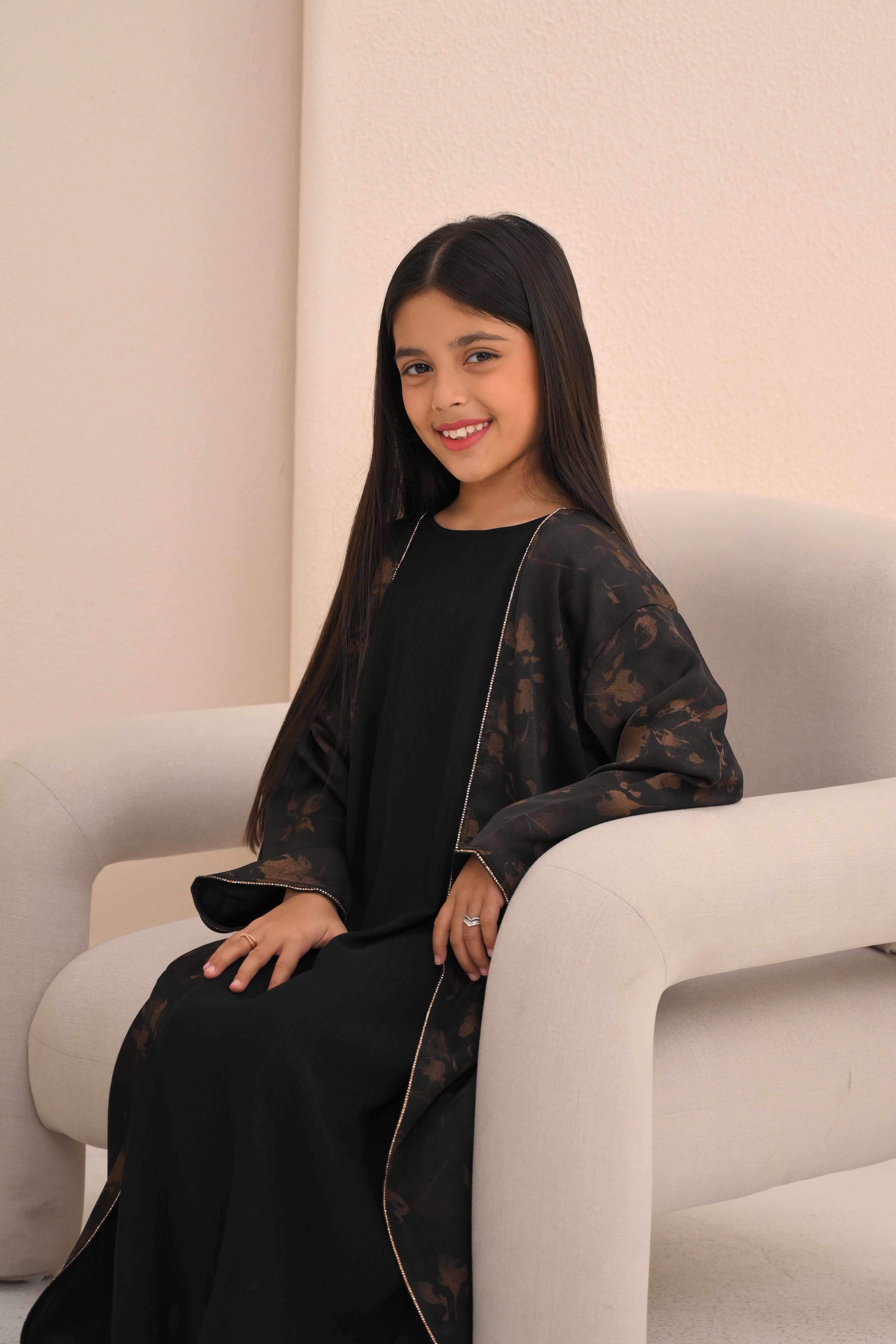 Girls Copper Floral Print Open Abaya