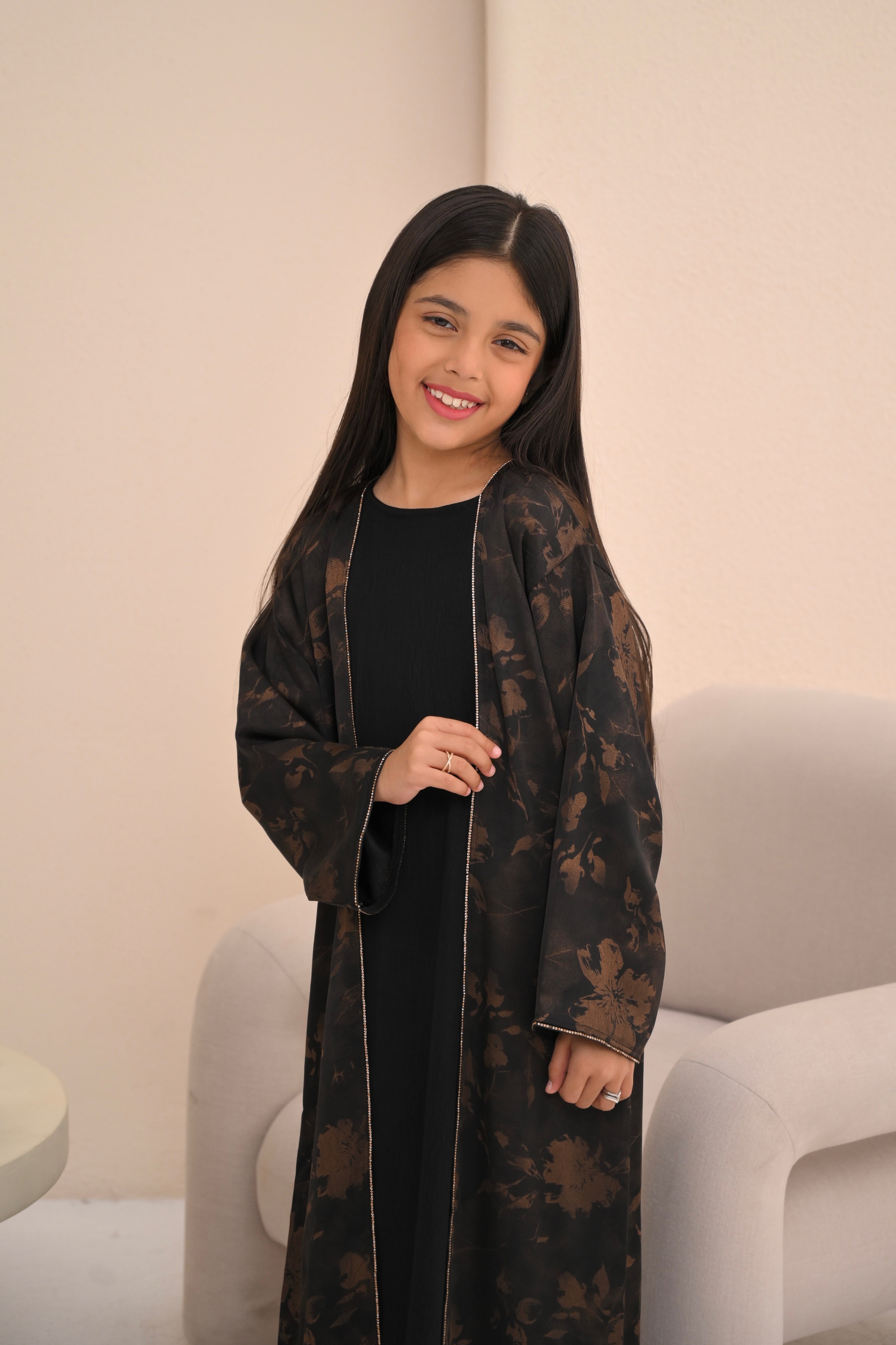 Girls Copper Floral Print Open Abaya