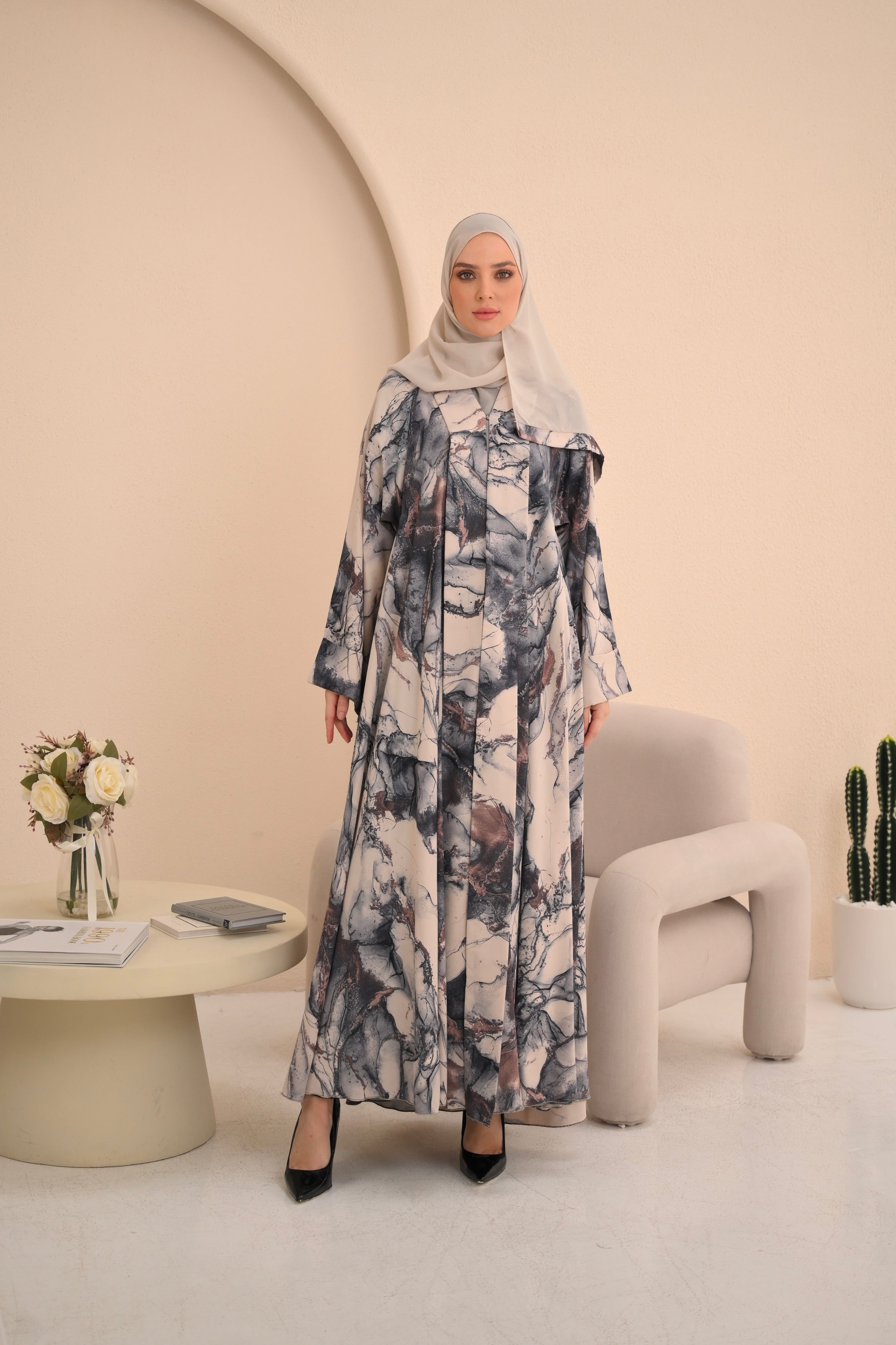 Marble Print Button Abaya