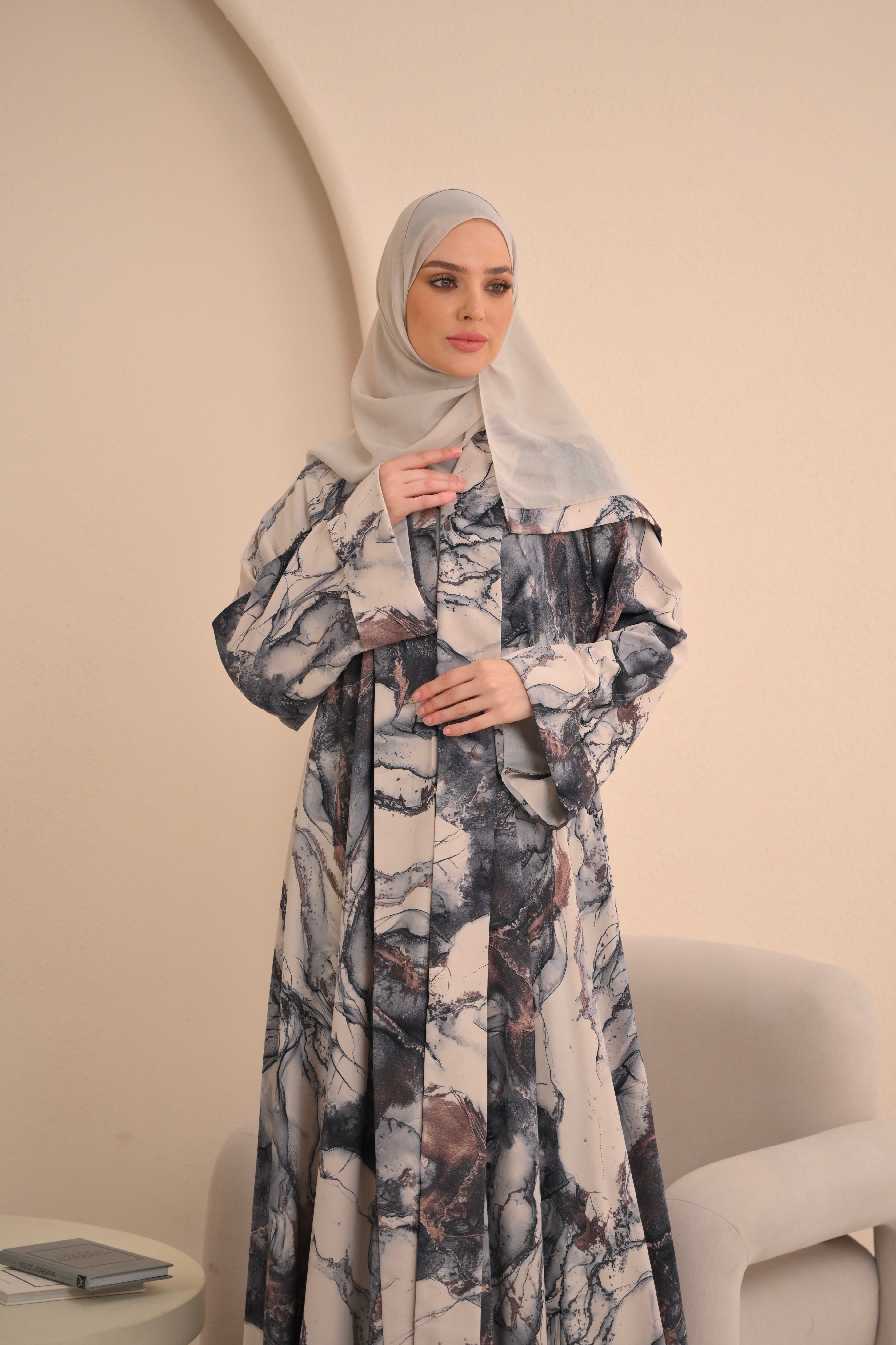 Marble Print Button Abaya