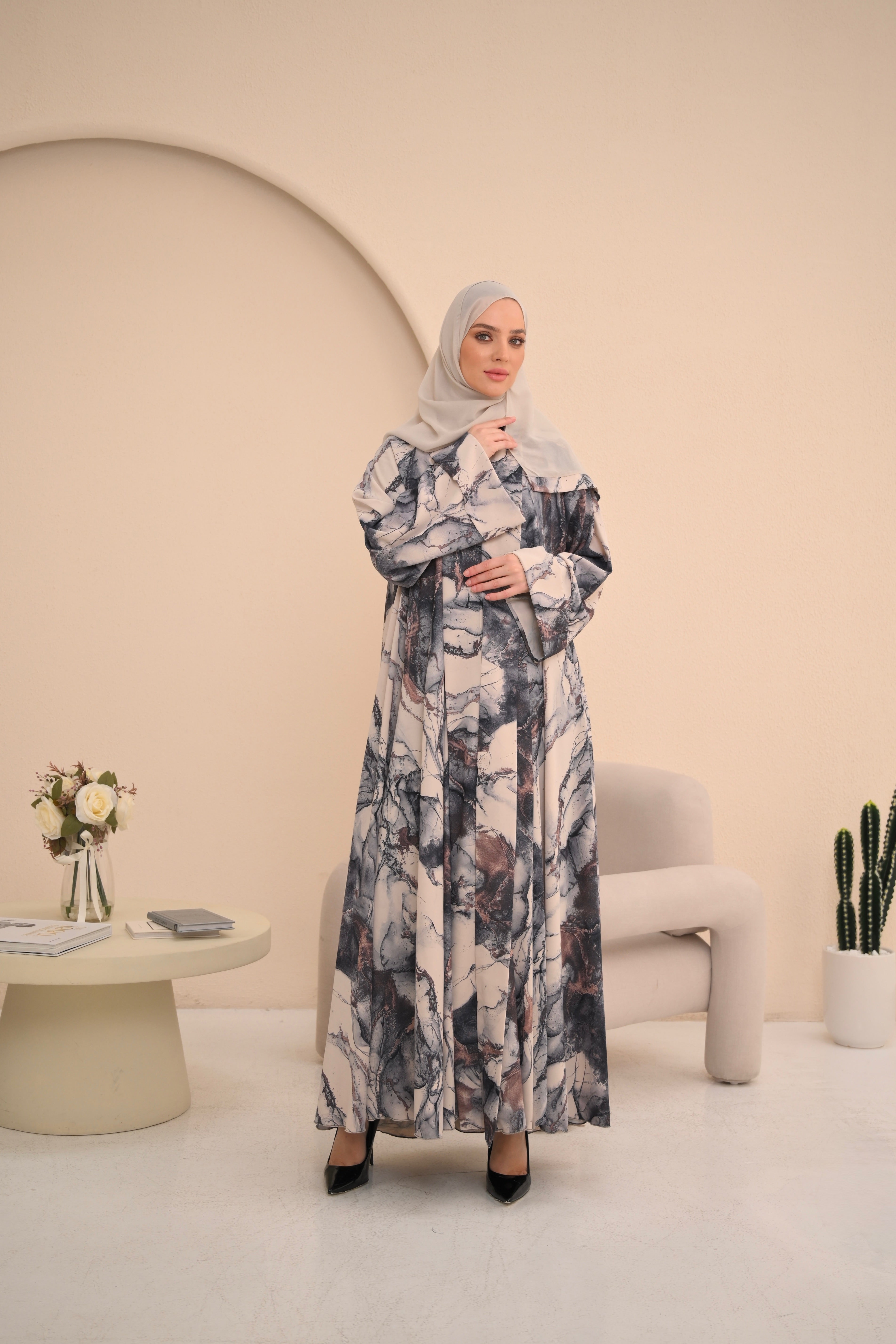 Marble Print Button Abaya