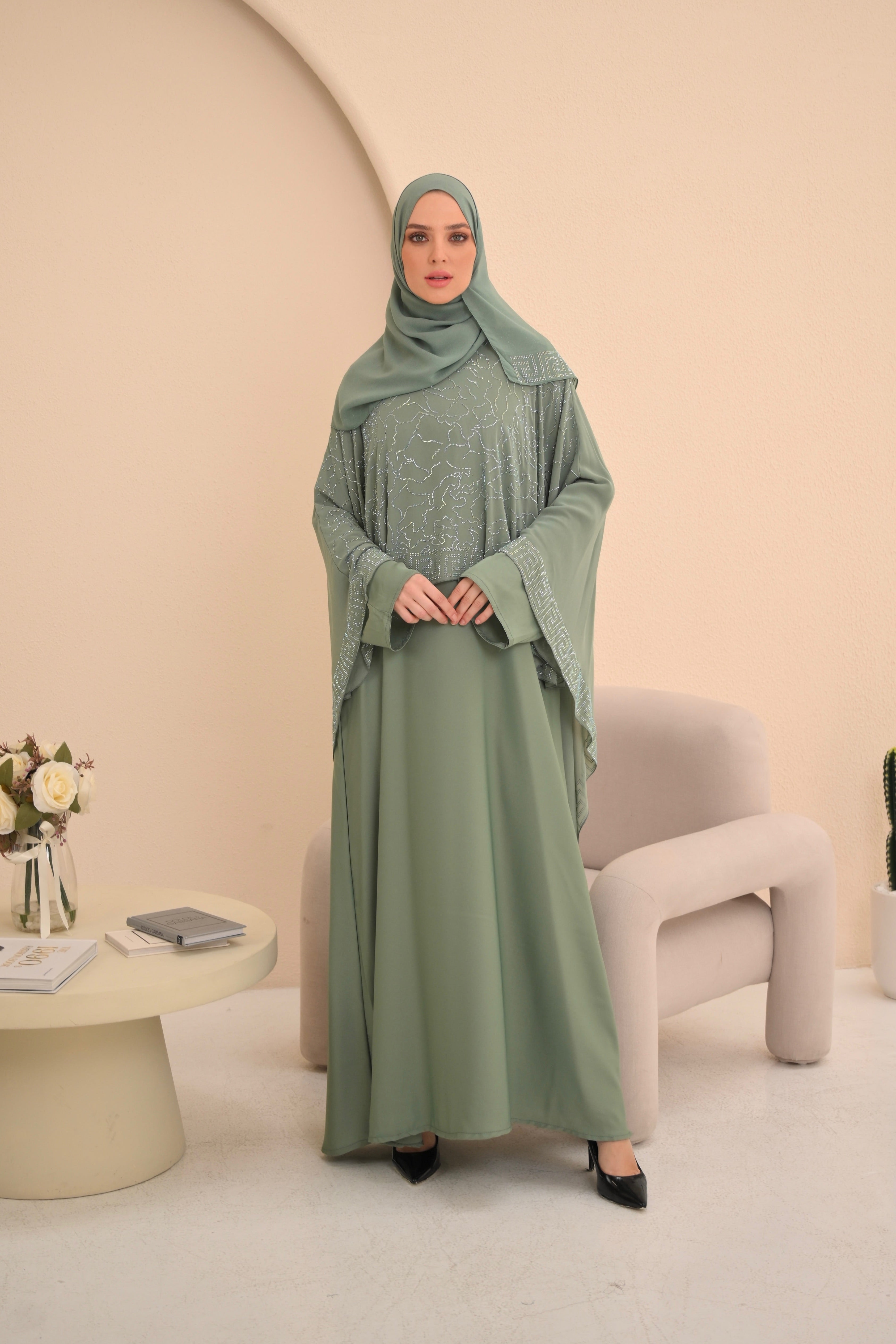 Mint Green Cape Embellished Abaya