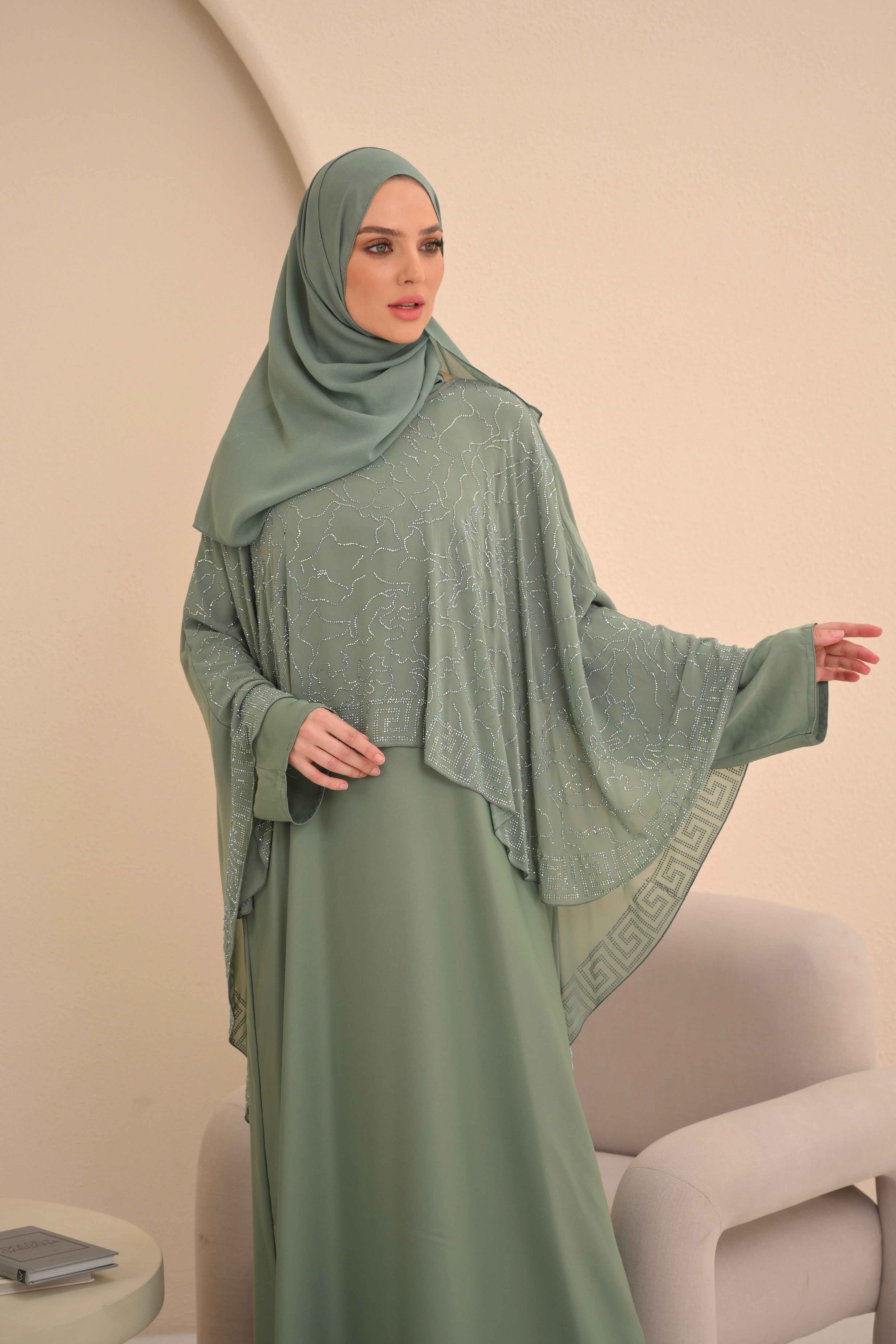 Mint Green Cape Embellished Abaya