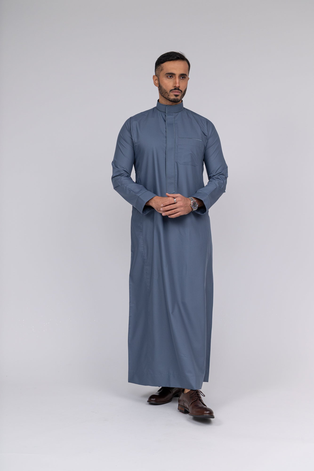 Grey Al-Aseel Embroidered Thobe