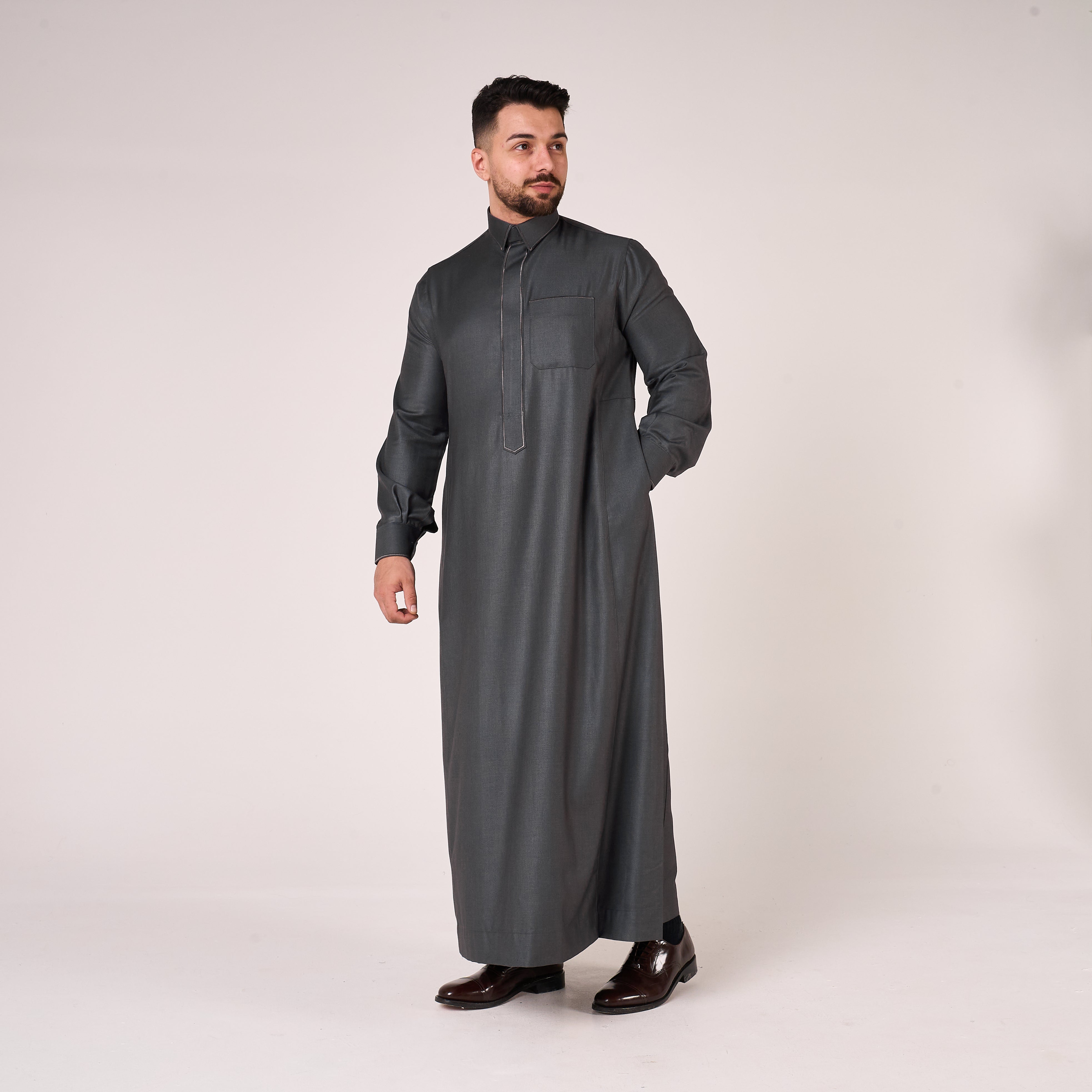 Grey Al-Aseel Shirt Collar Thobe (With Cuffs)