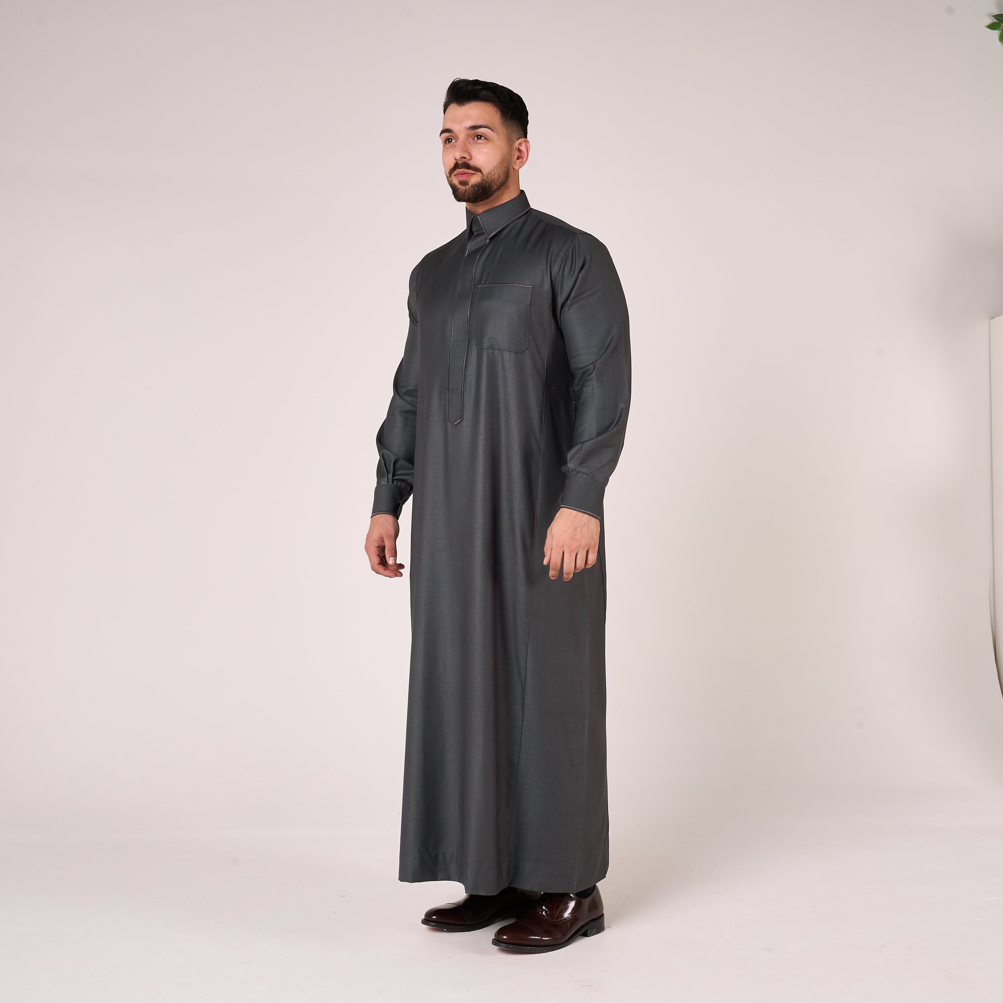 Grey Al-Aseel Shirt Collar Thobe (With Cuffs)