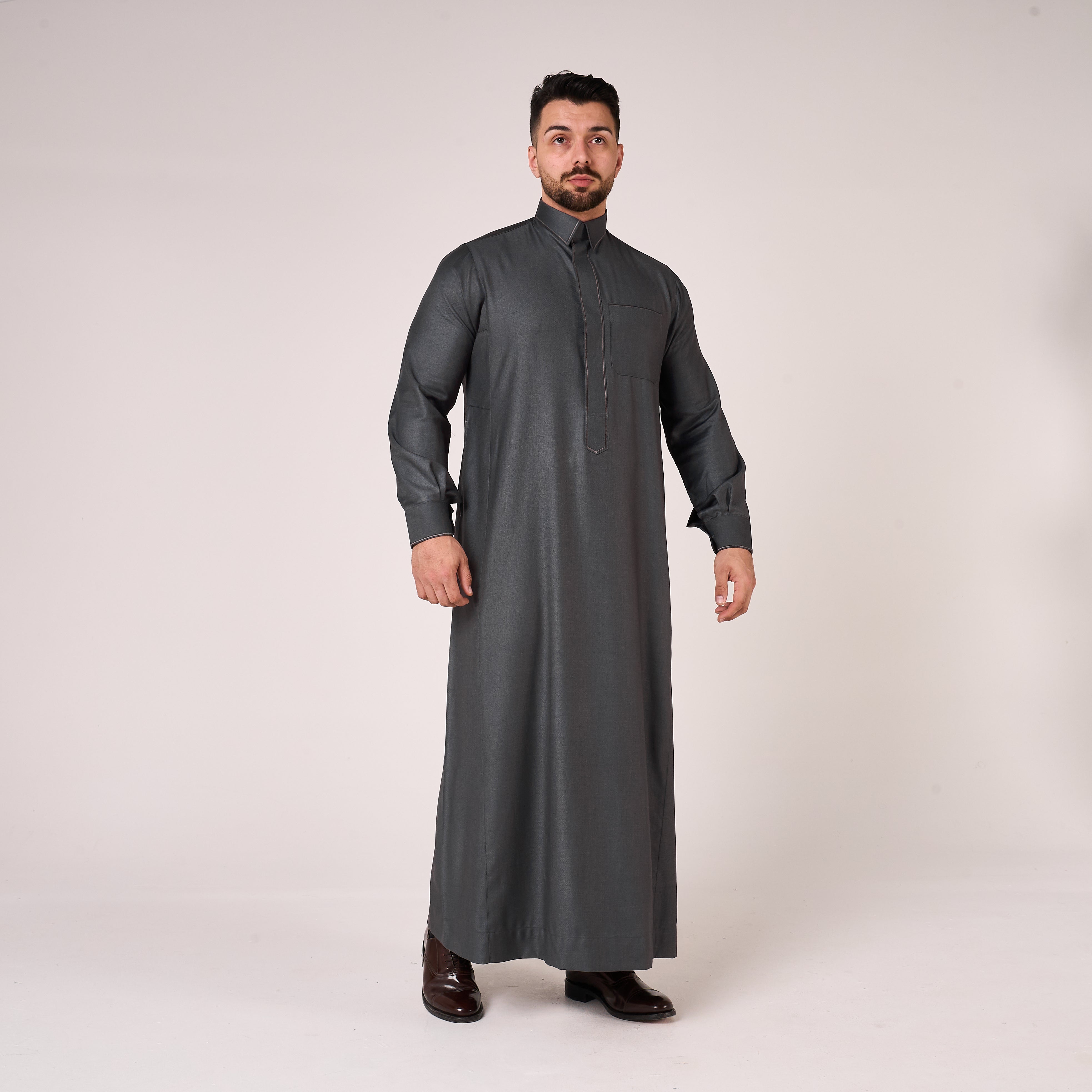 Grey Al-Aseel Shirt Collar Thobe (With Cuffs)
