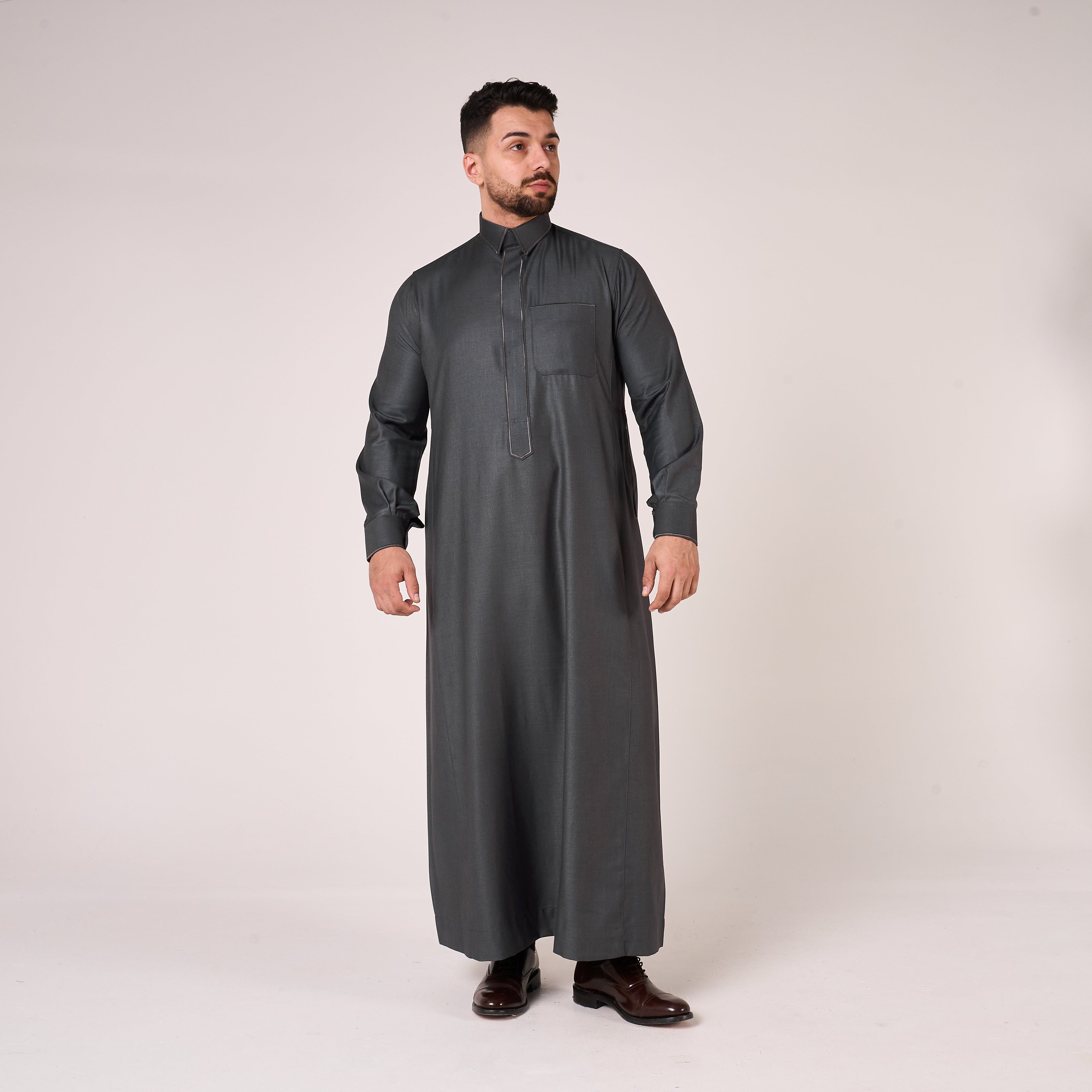 Grey Al-Aseel Shirt Collar Thobe (With Cuffs)