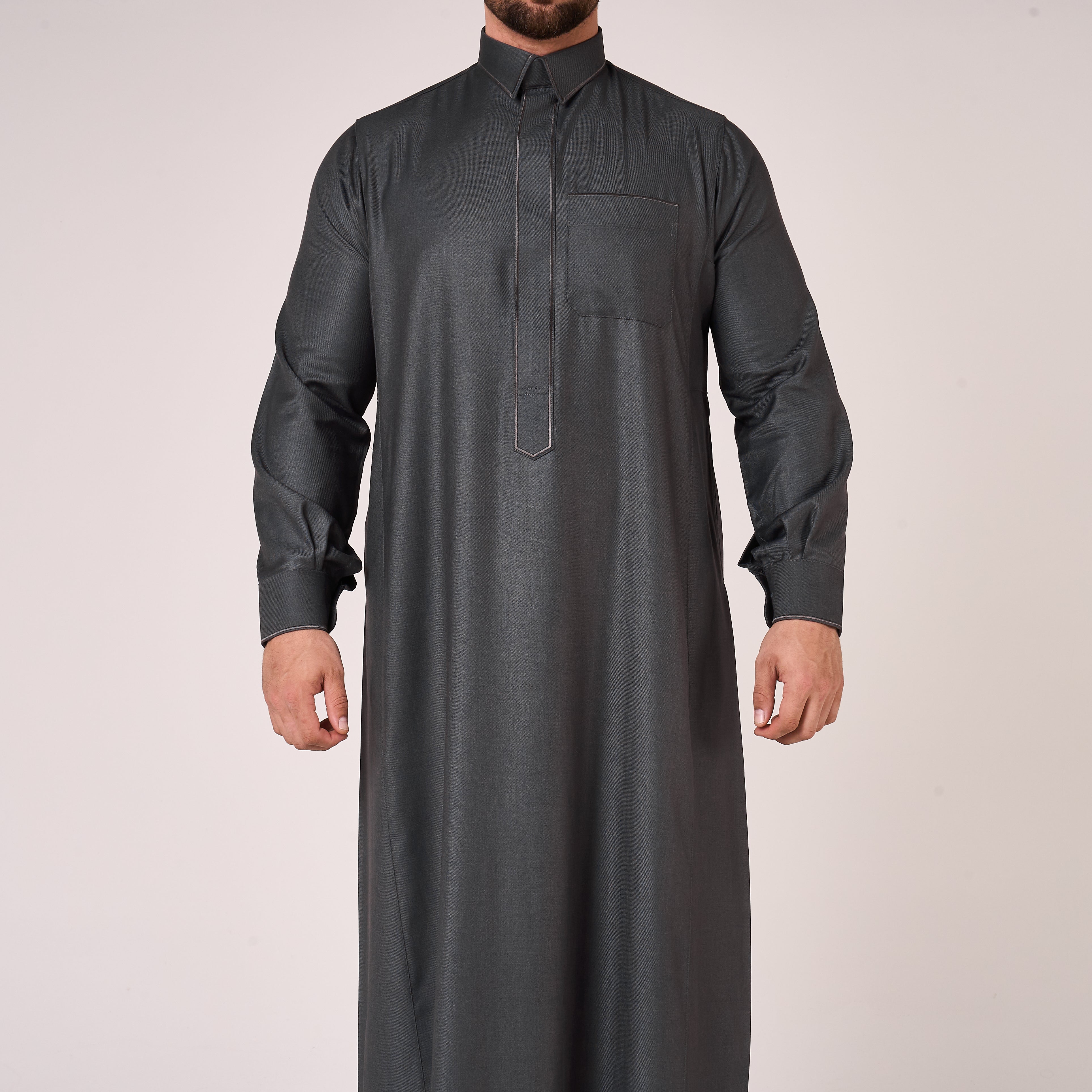 Grey Al-Aseel Shirt Collar Thobe (With Cuffs)