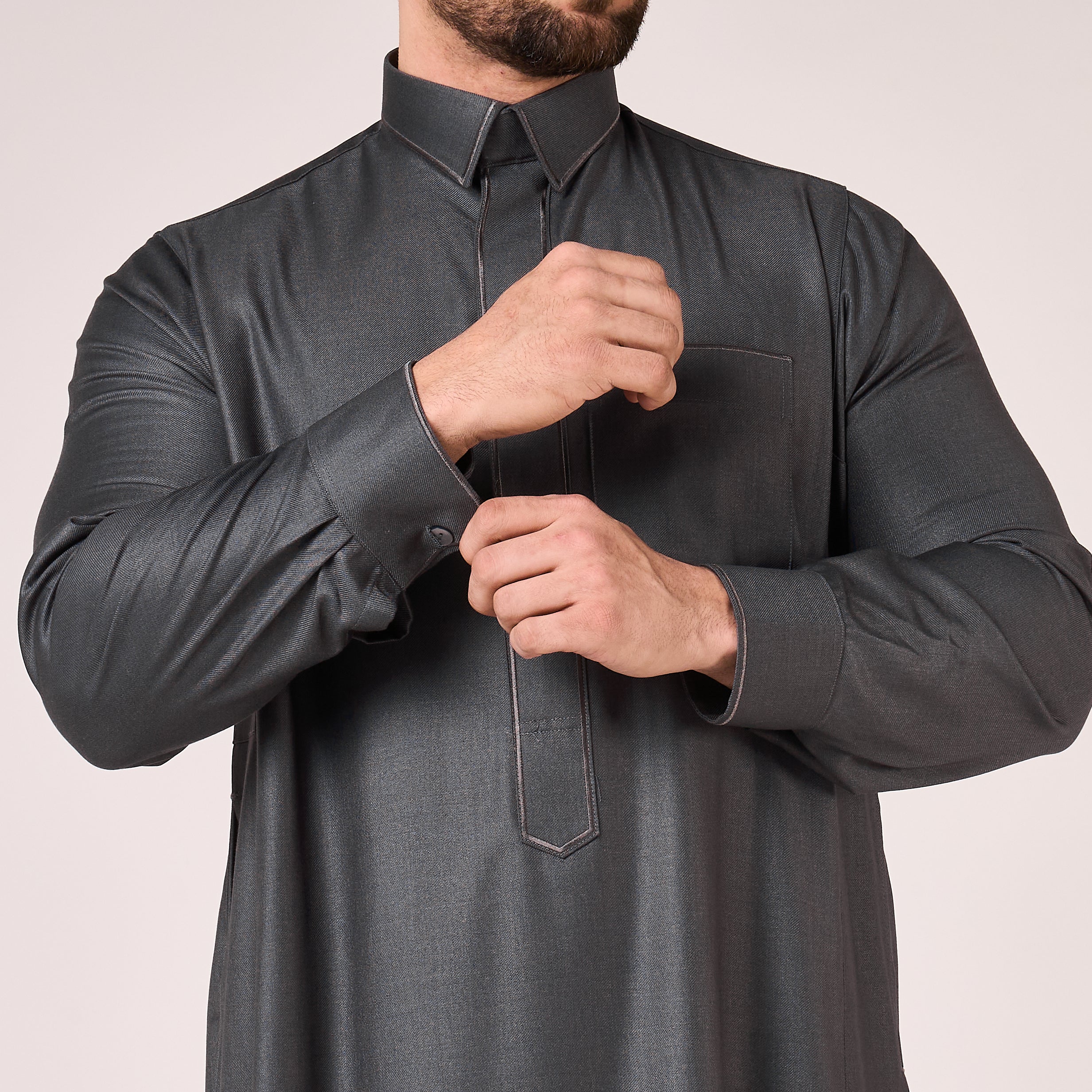 Grey Al-Aseel Shirt Collar Thobe (With Cuffs)