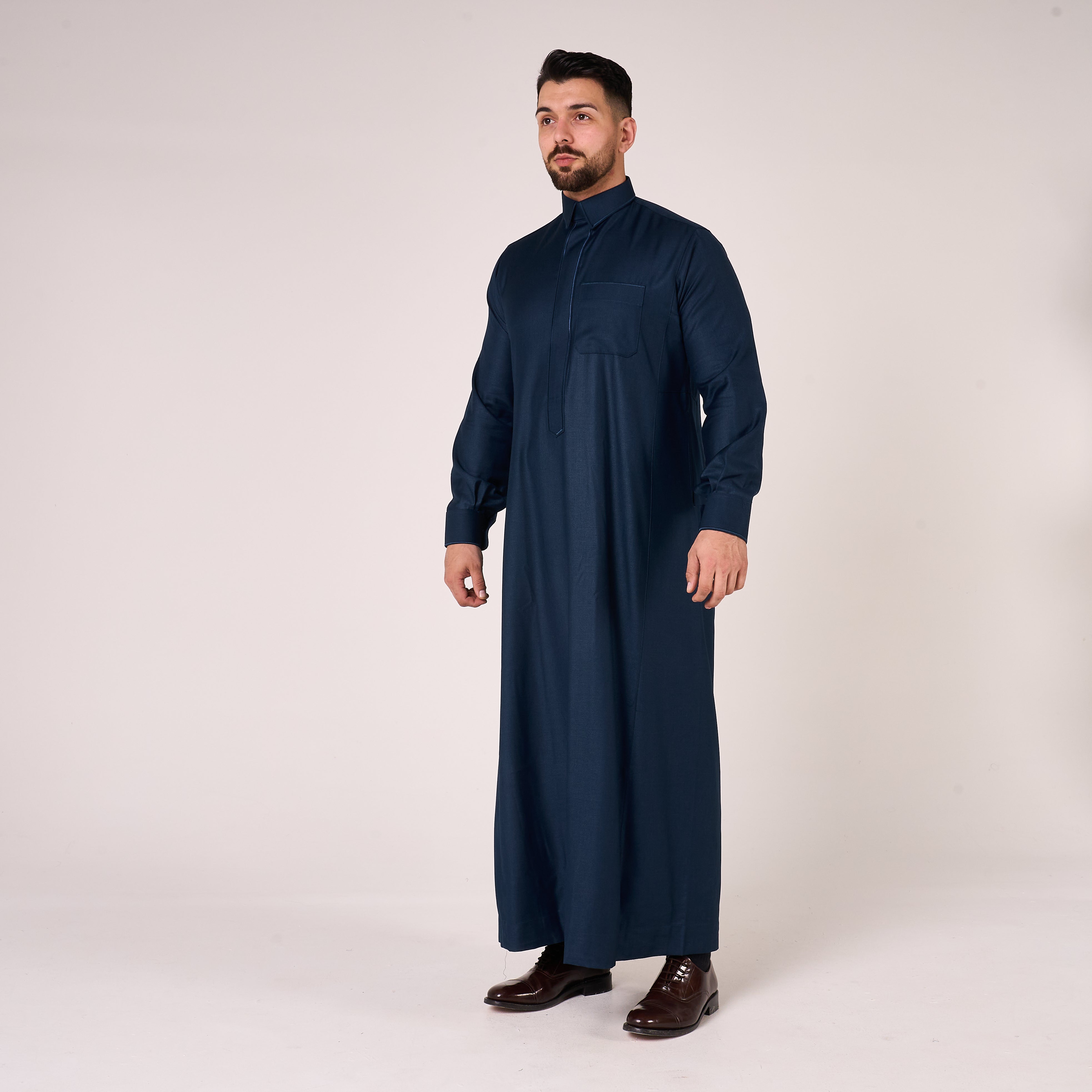 Navy Al-Aseel Shirt Collar Thobe (With Cuffs)