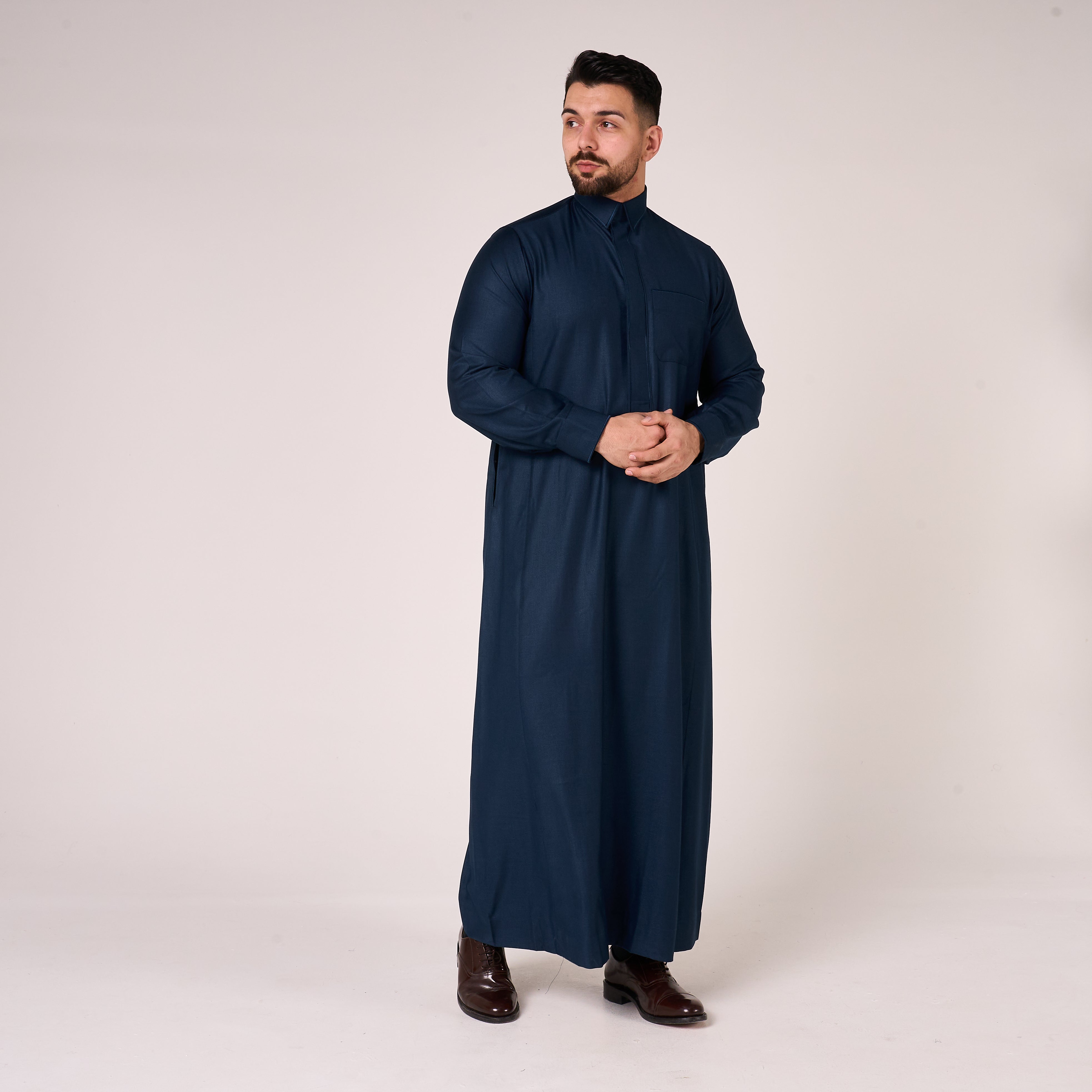 Navy Al-Aseel Shirt Collar Thobe (With Cuffs)