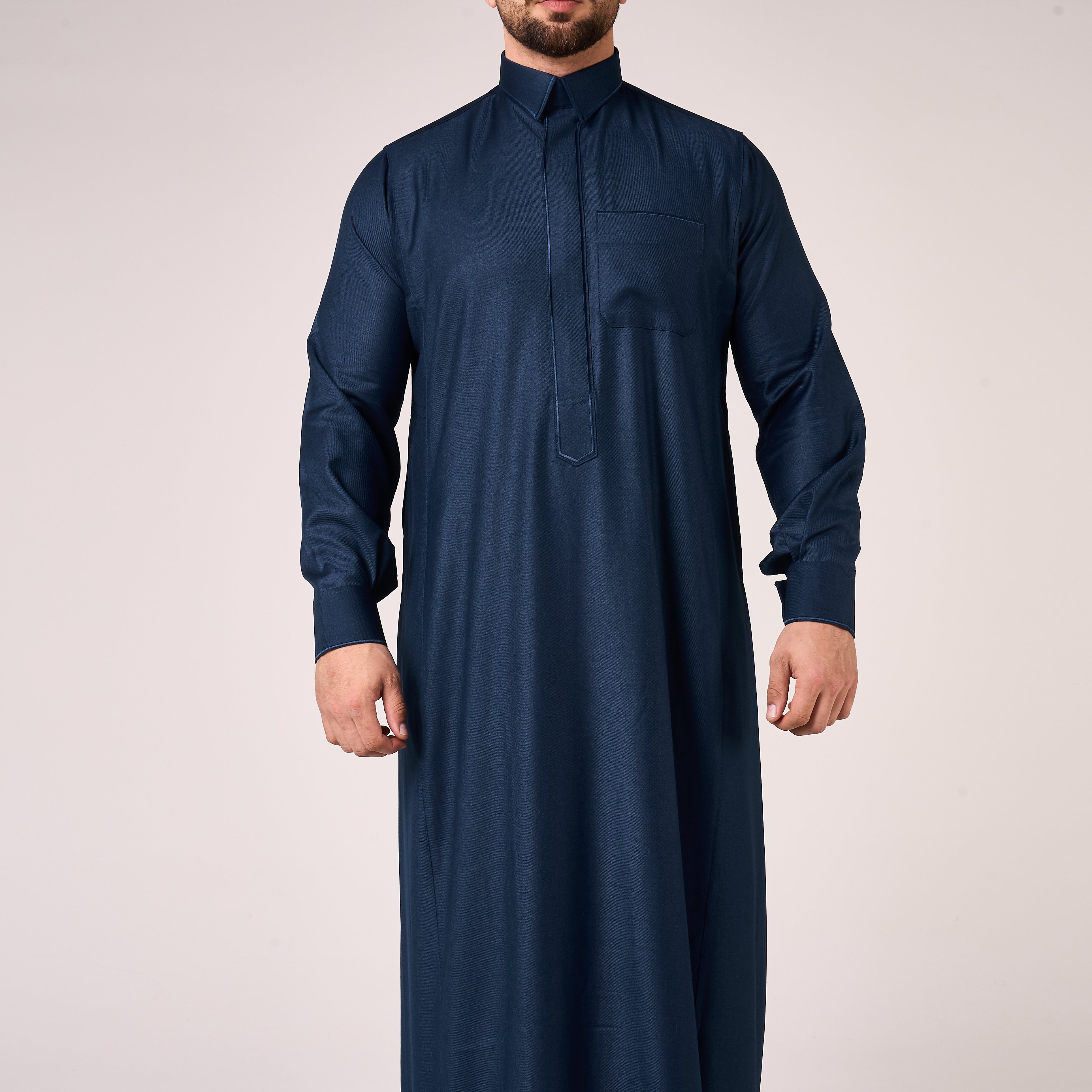 Navy Al-Aseel Shirt Collar Thobe (With Cuffs)