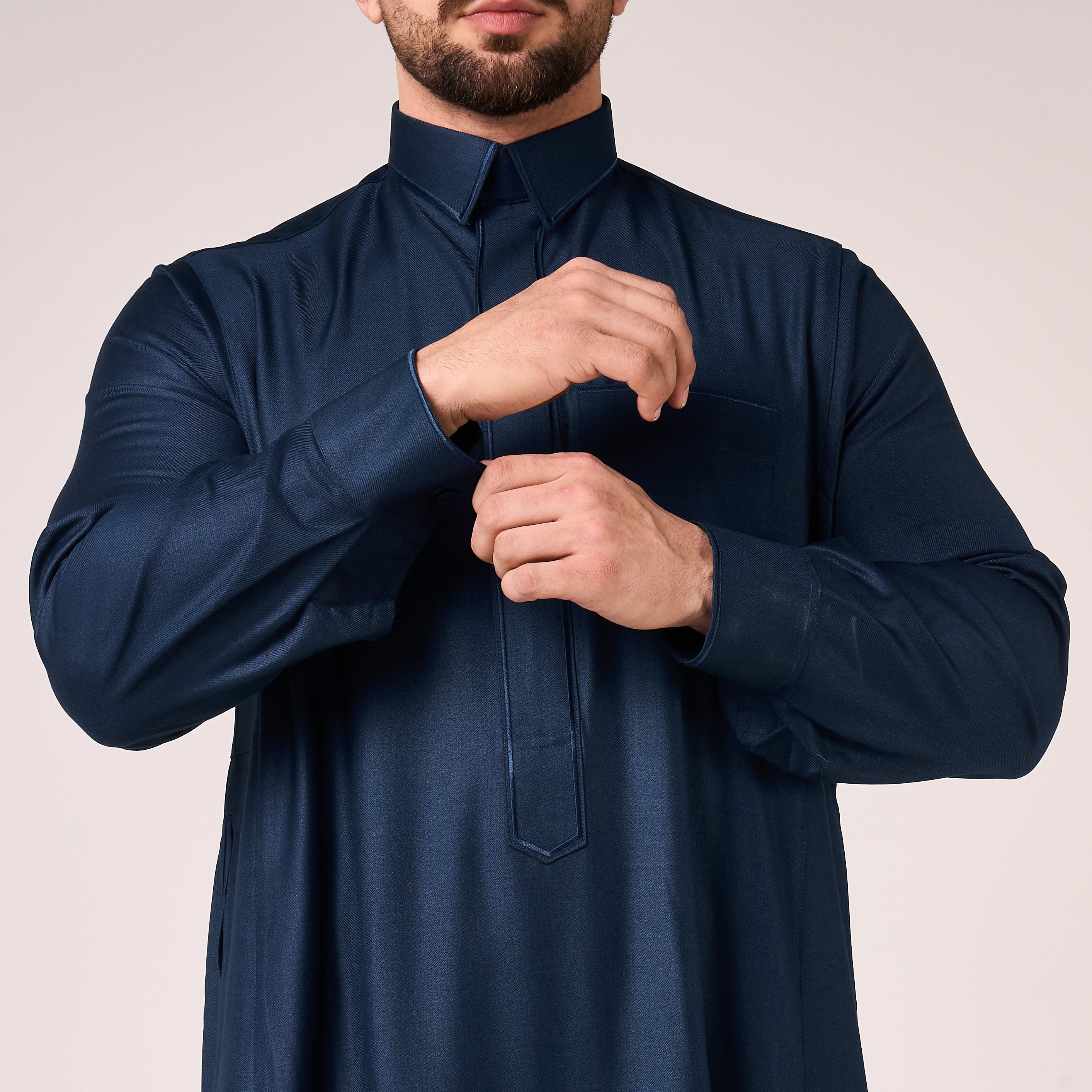 Navy Al-Aseel Shirt Collar Thobe (With Cuffs)