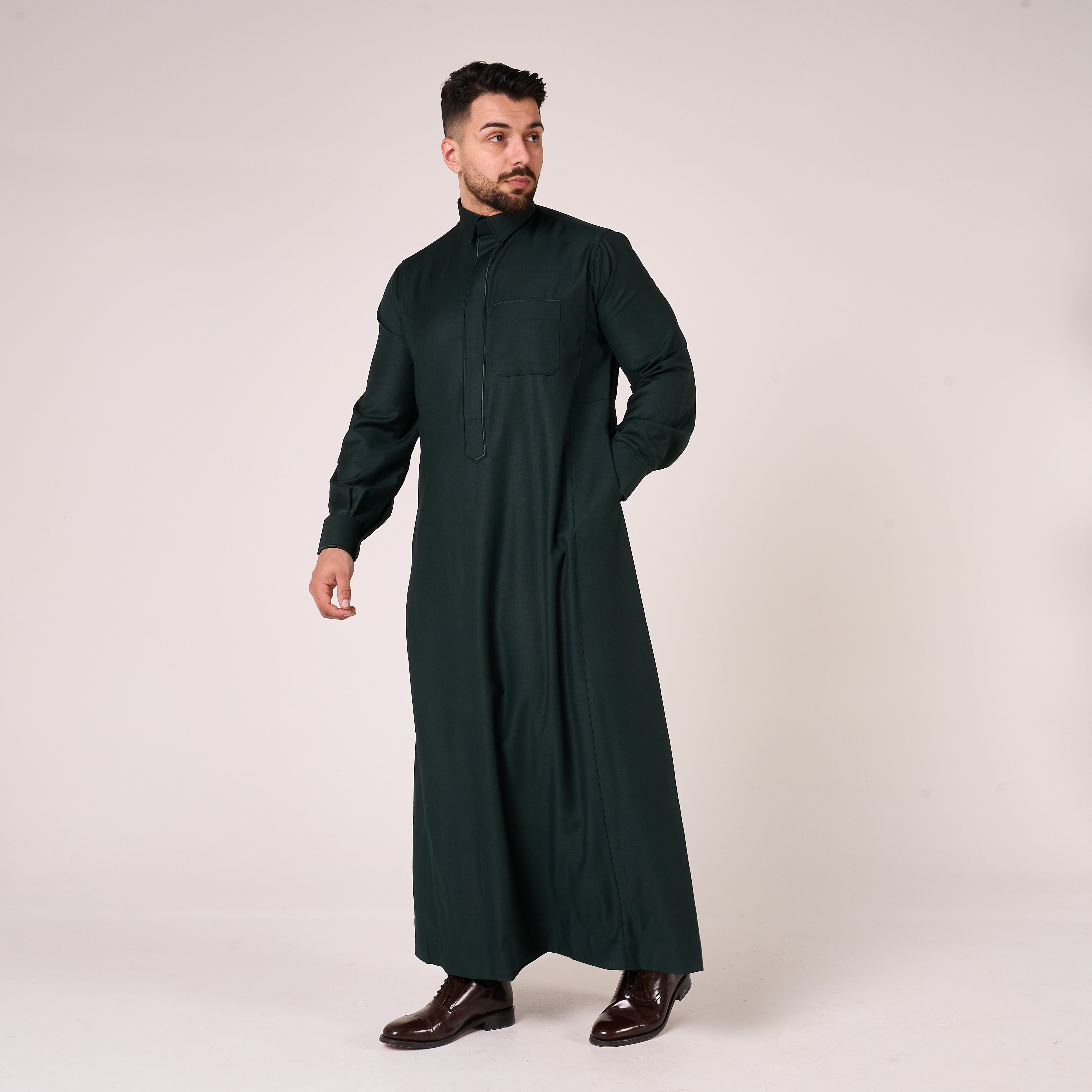 Forest Green Al-Aseel Shirt Collar Thobe (With Cuffs)