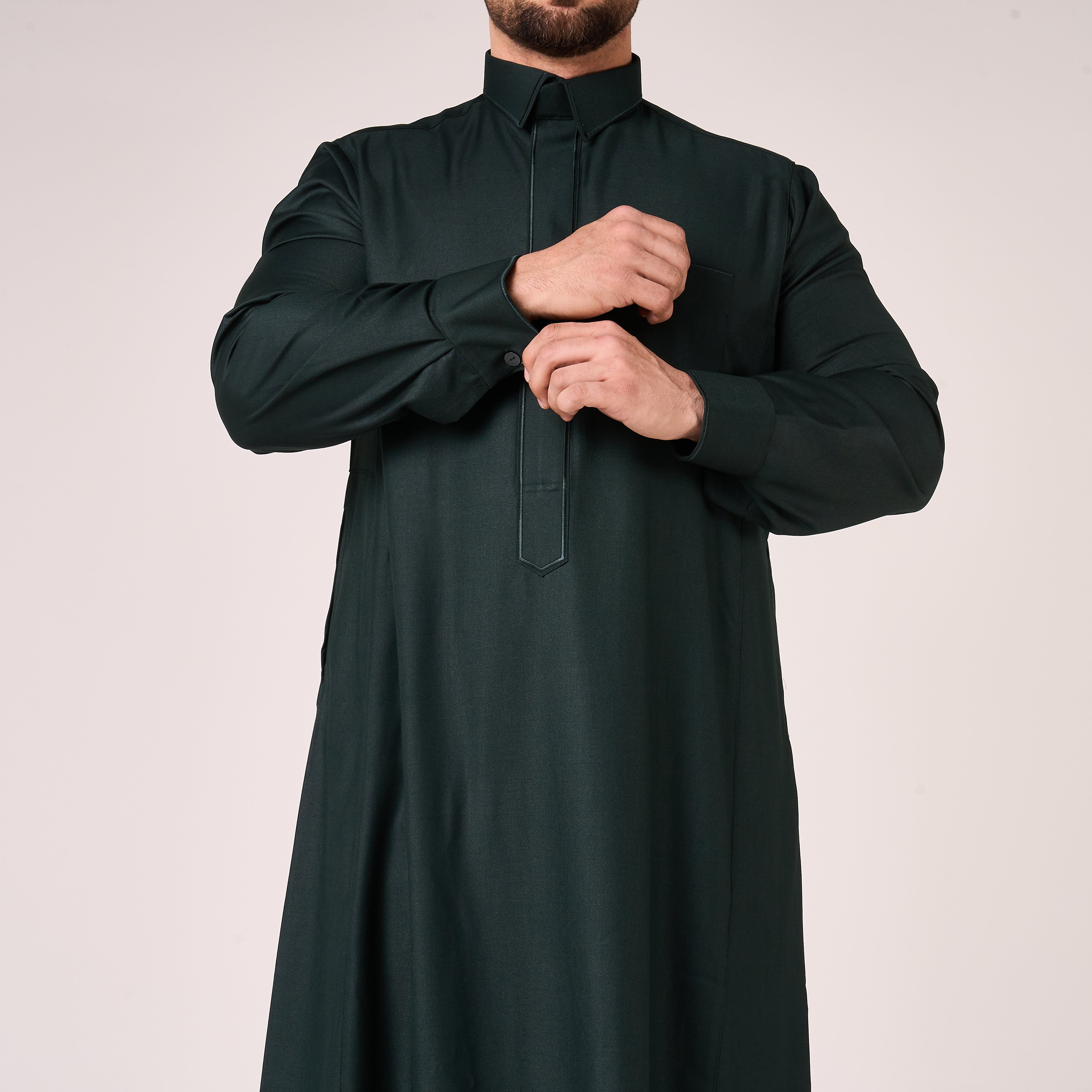 Forest Green Al-Aseel Shirt Collar Thobe (With Cuffs)