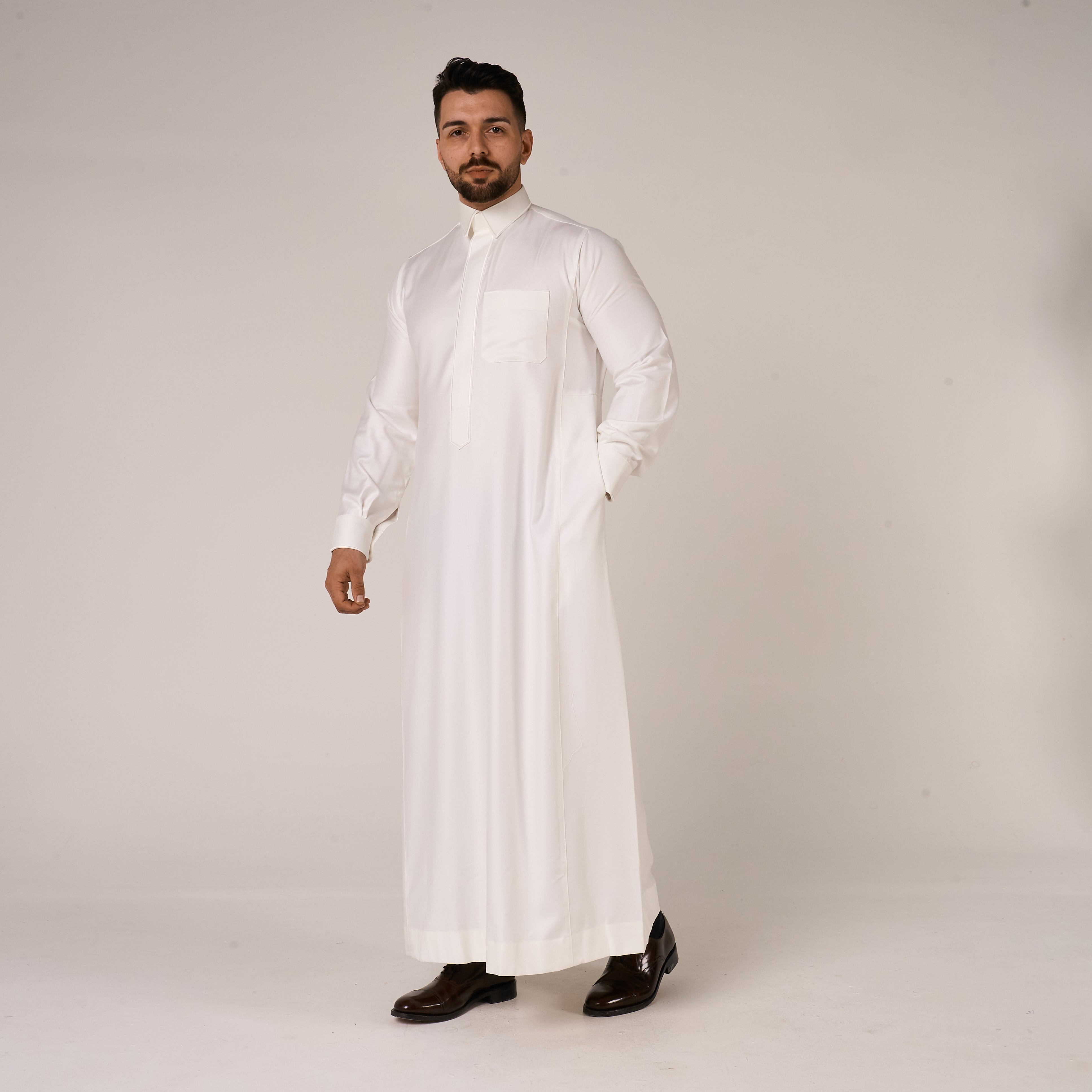 Cream Al-Aseel Shirt Collar Thobe (With Cuffs)
