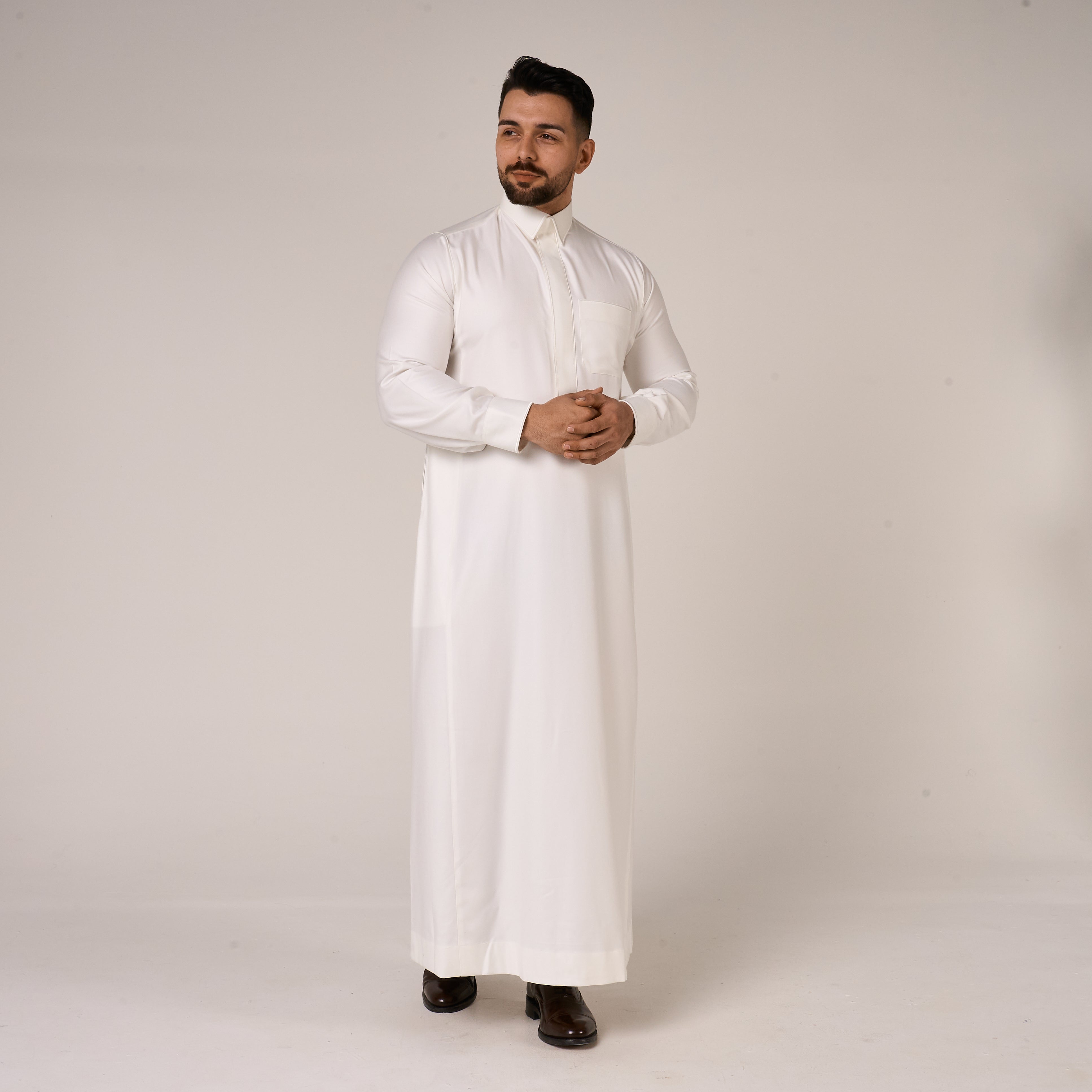 Cream Al-Aseel Shirt Collar Thobe (With Cuffs)