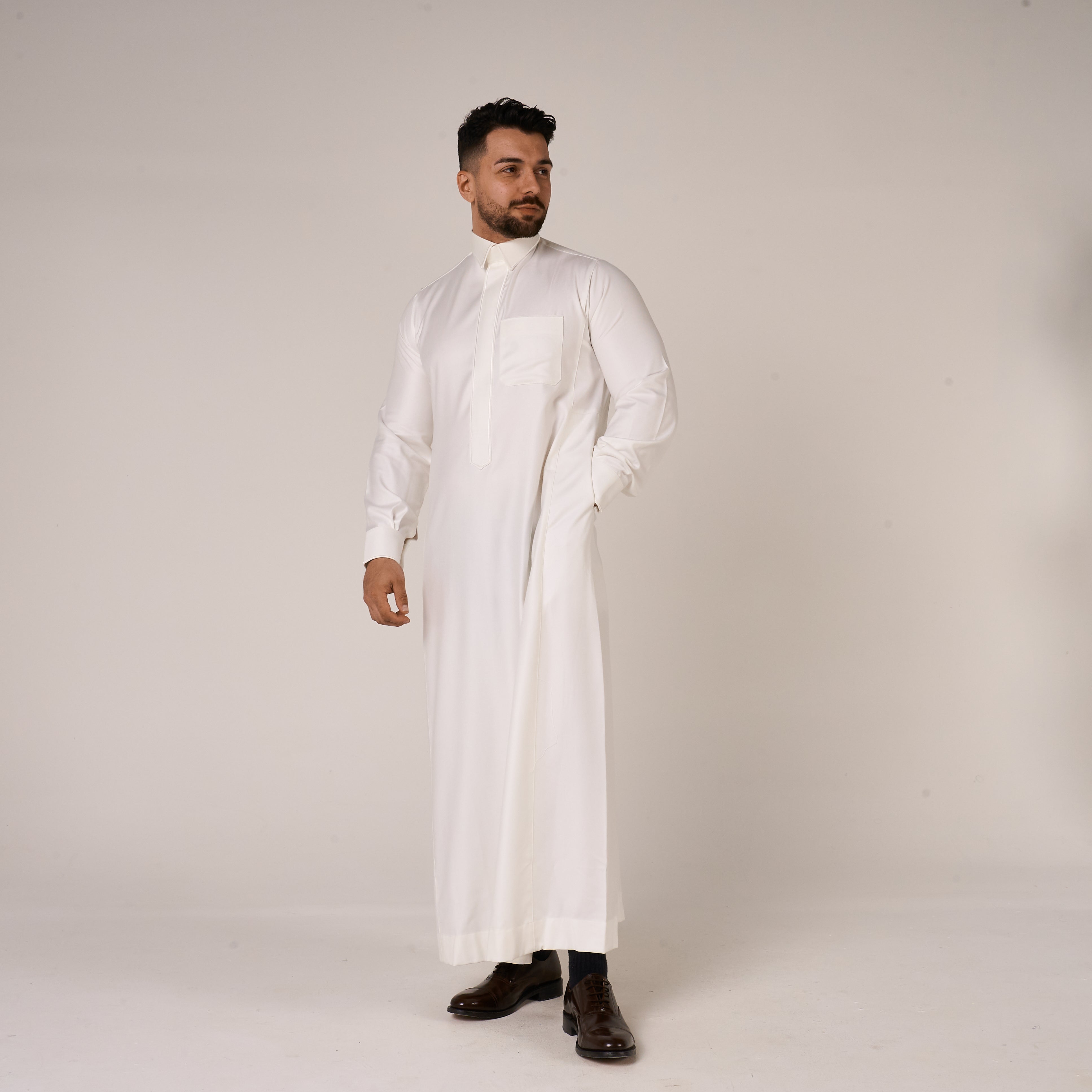 Cream Al-Aseel Shirt Collar Thobe (With Cuffs)