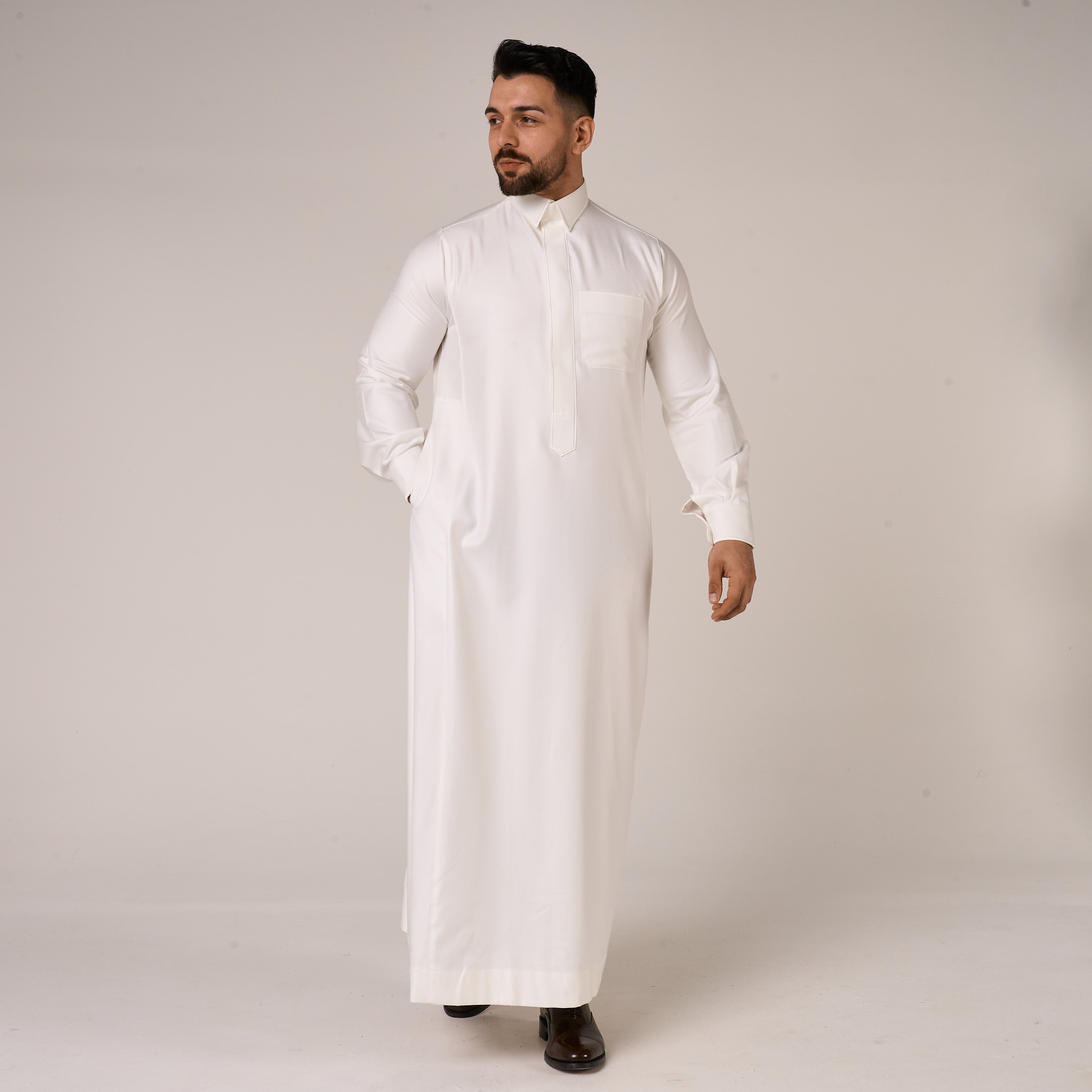 Cream Al-Aseel Shirt Collar Thobe (With Cuffs)