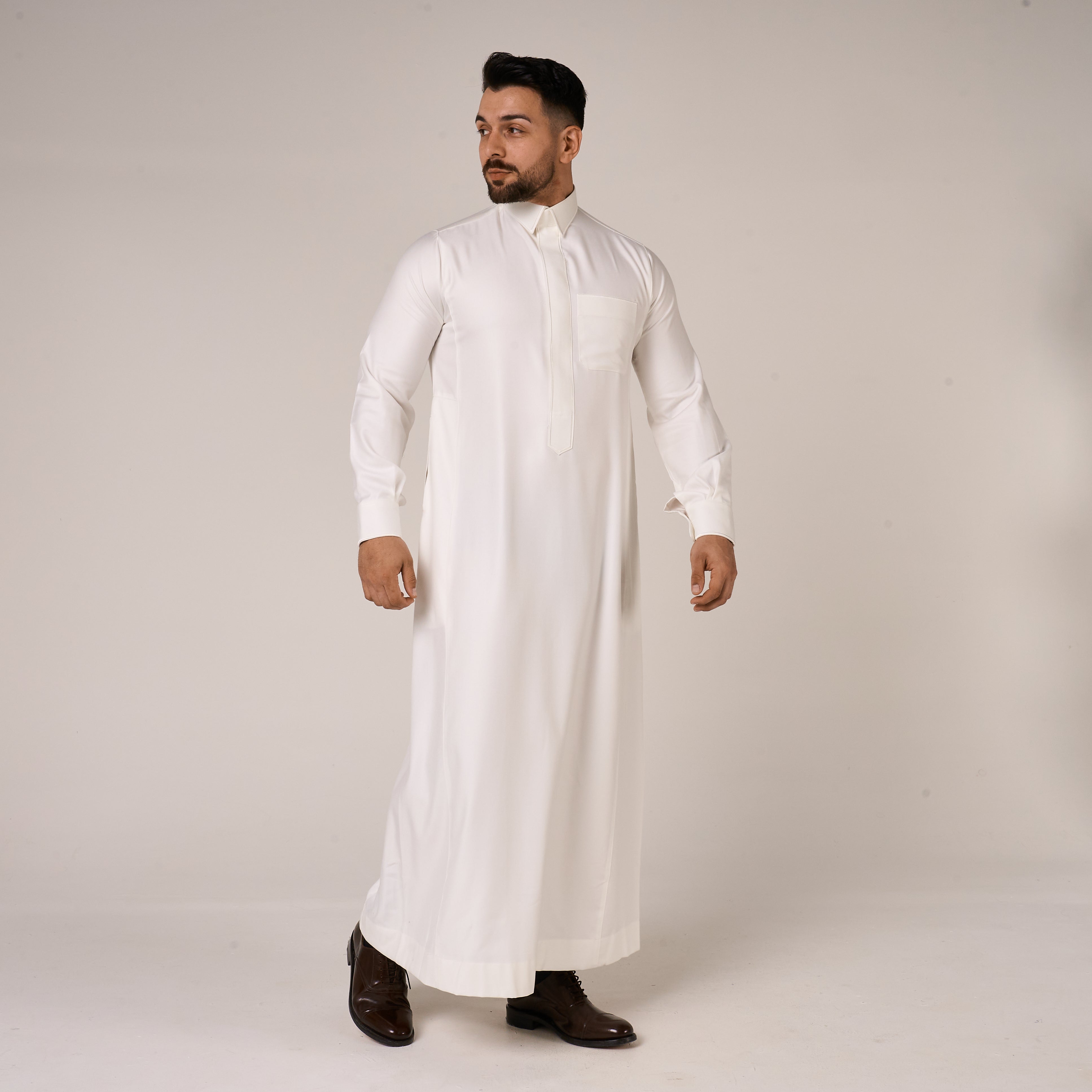 Cream Al-Aseel Shirt Collar Thobe (With Cuffs)