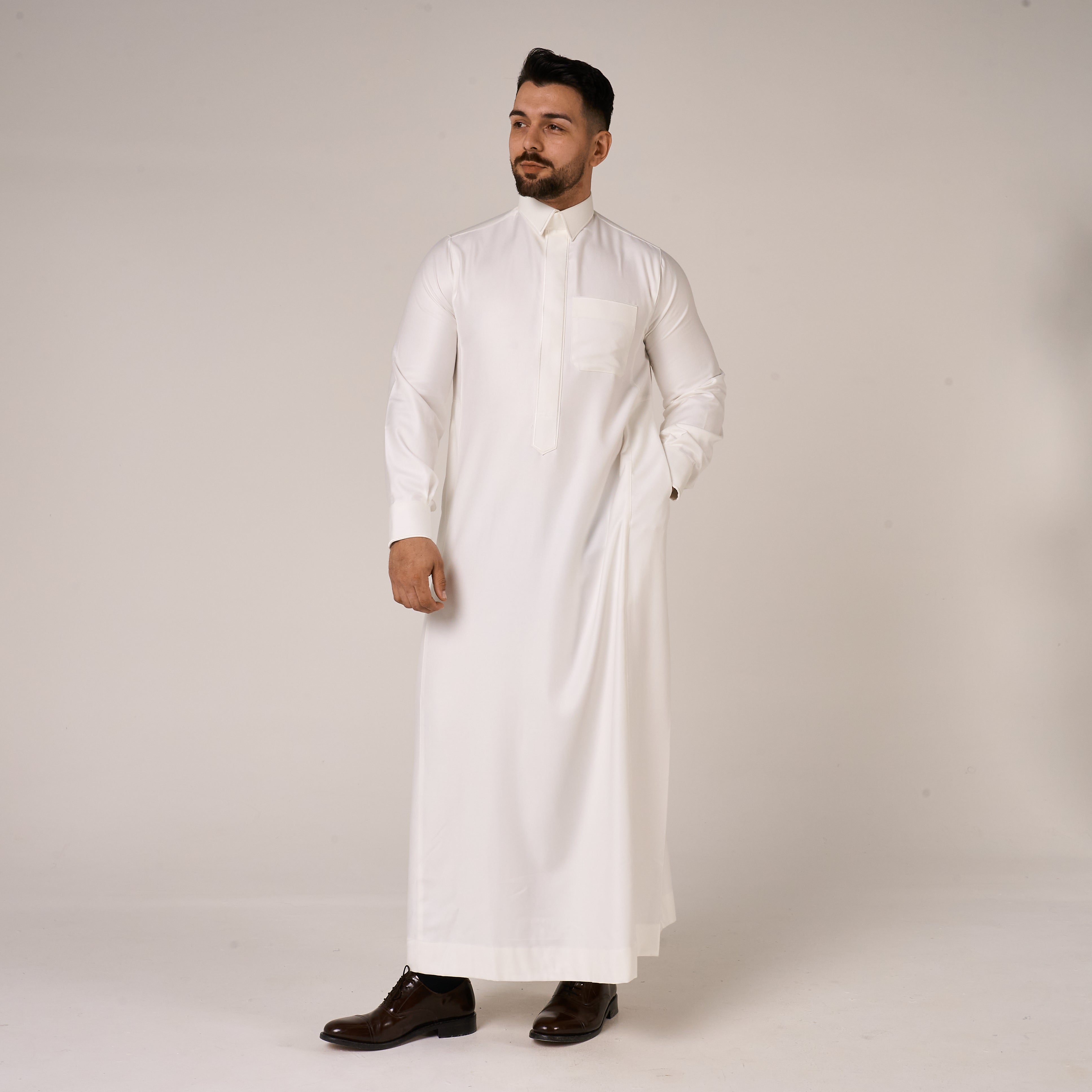 Cream Al-Aseel Shirt Collar Thobe (With Cuffs)