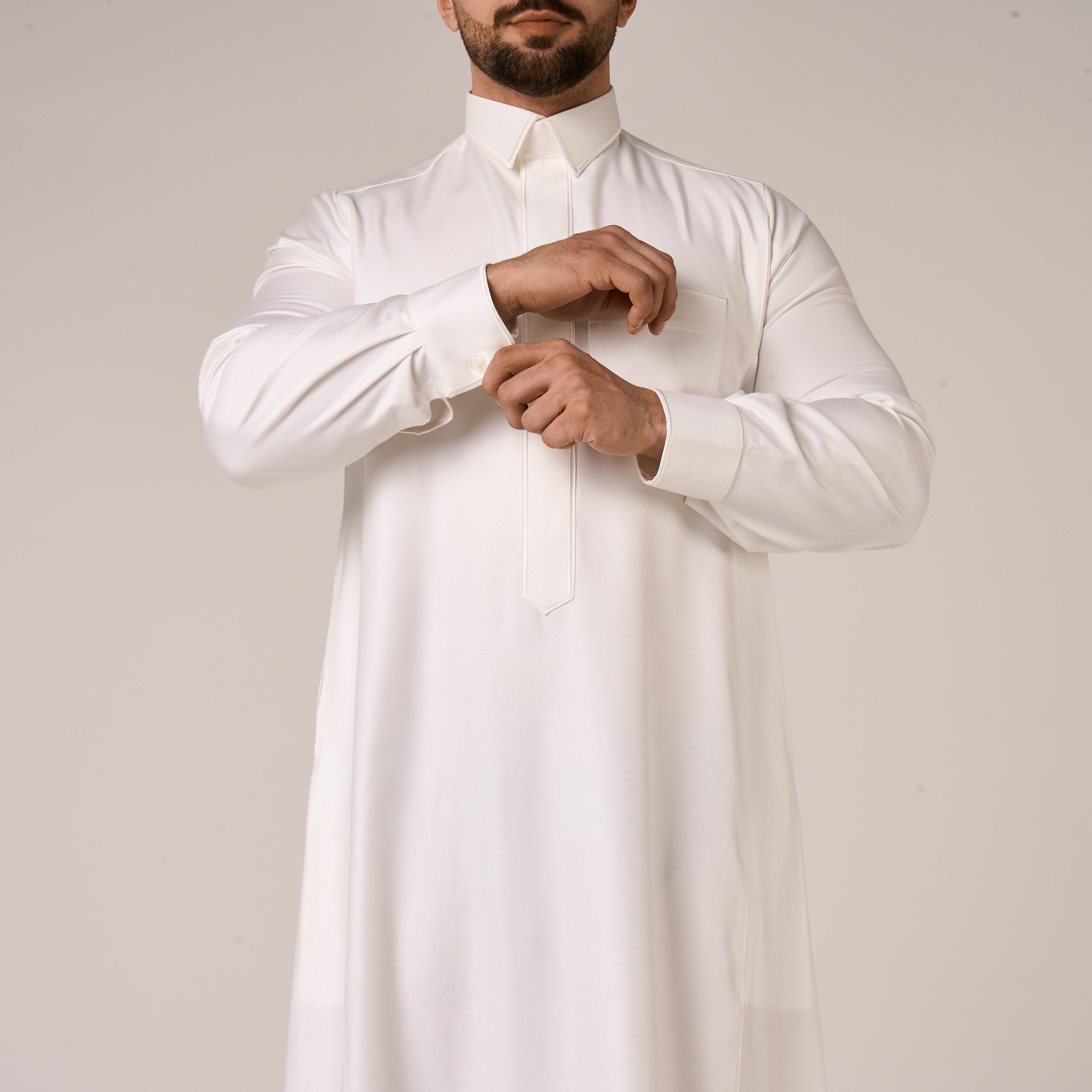 Cream Al-Aseel Shirt Collar Thobe (With Cuffs)