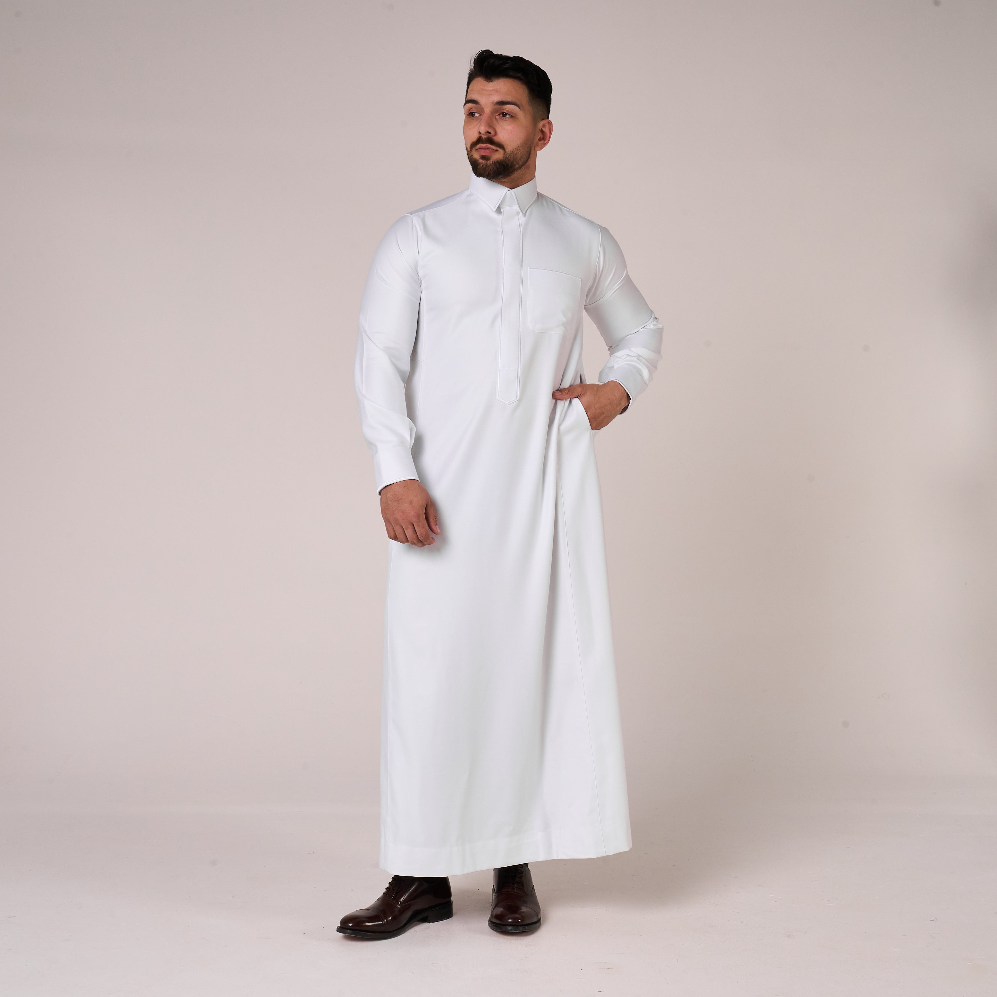 White Al-Aseel Shirt Collar Thobe (With Cuffs)