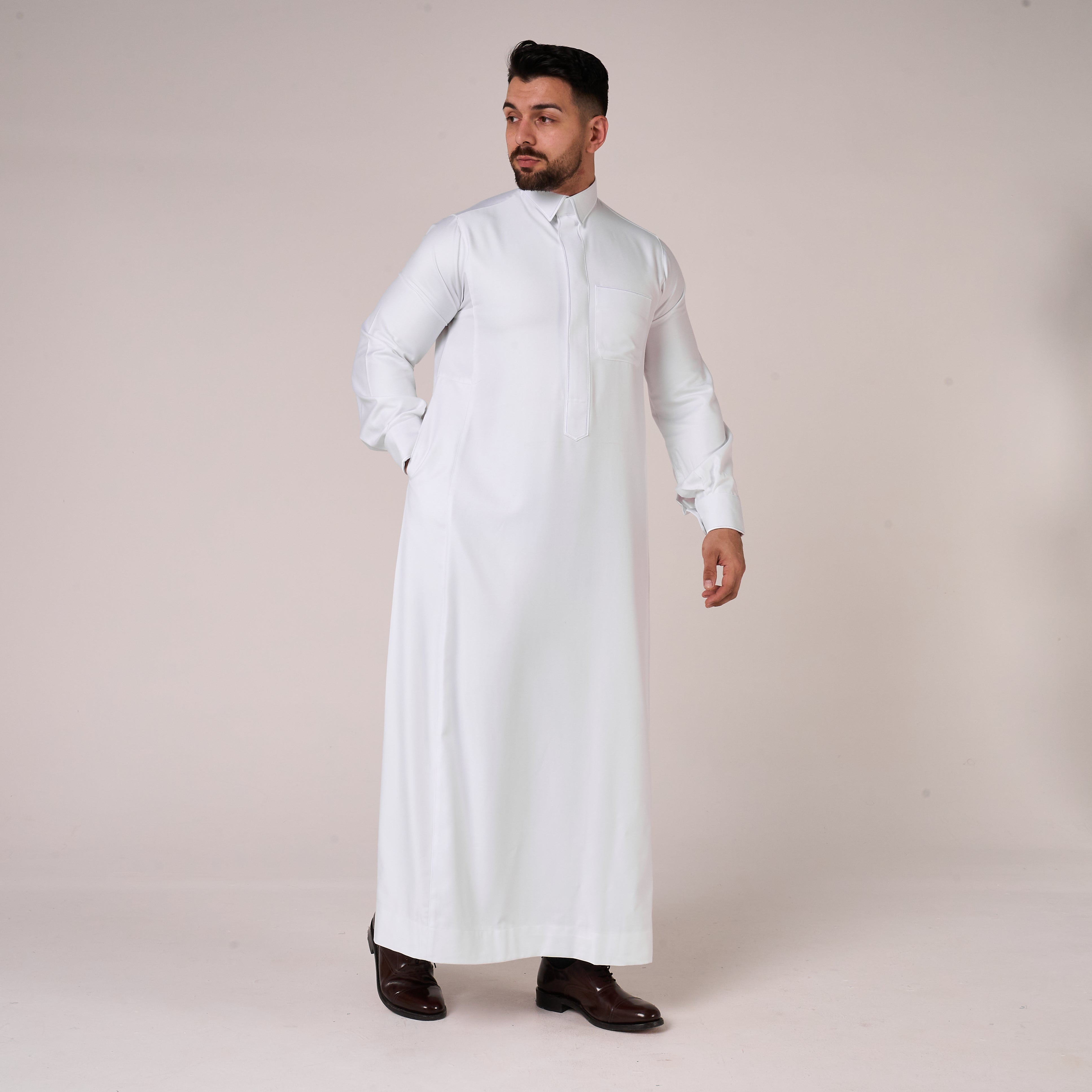 White Al-Aseel Shirt Collar Thobe (With Cuffs)