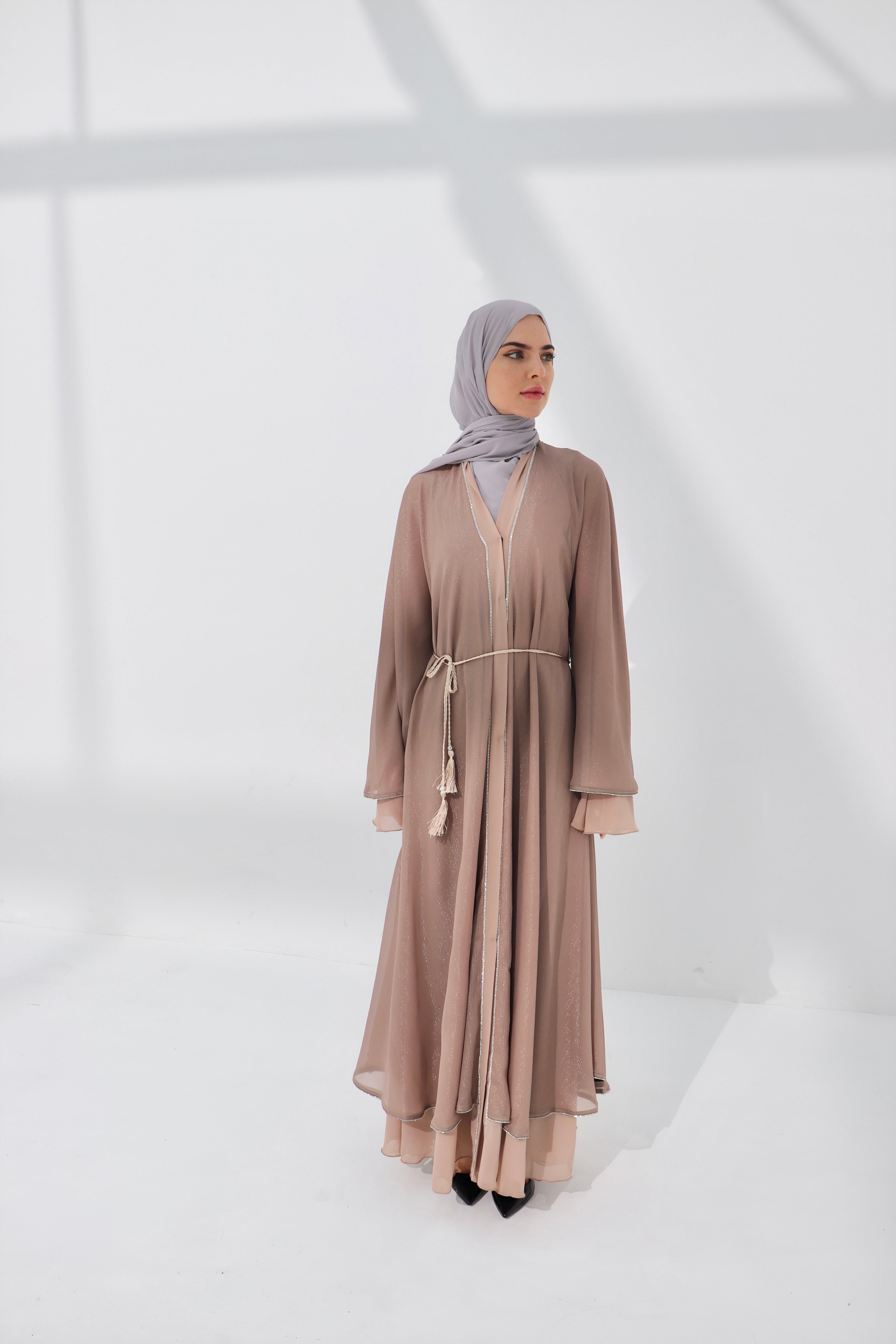 Mink Shimmer Chiffon Embellished Layered Open Abaya