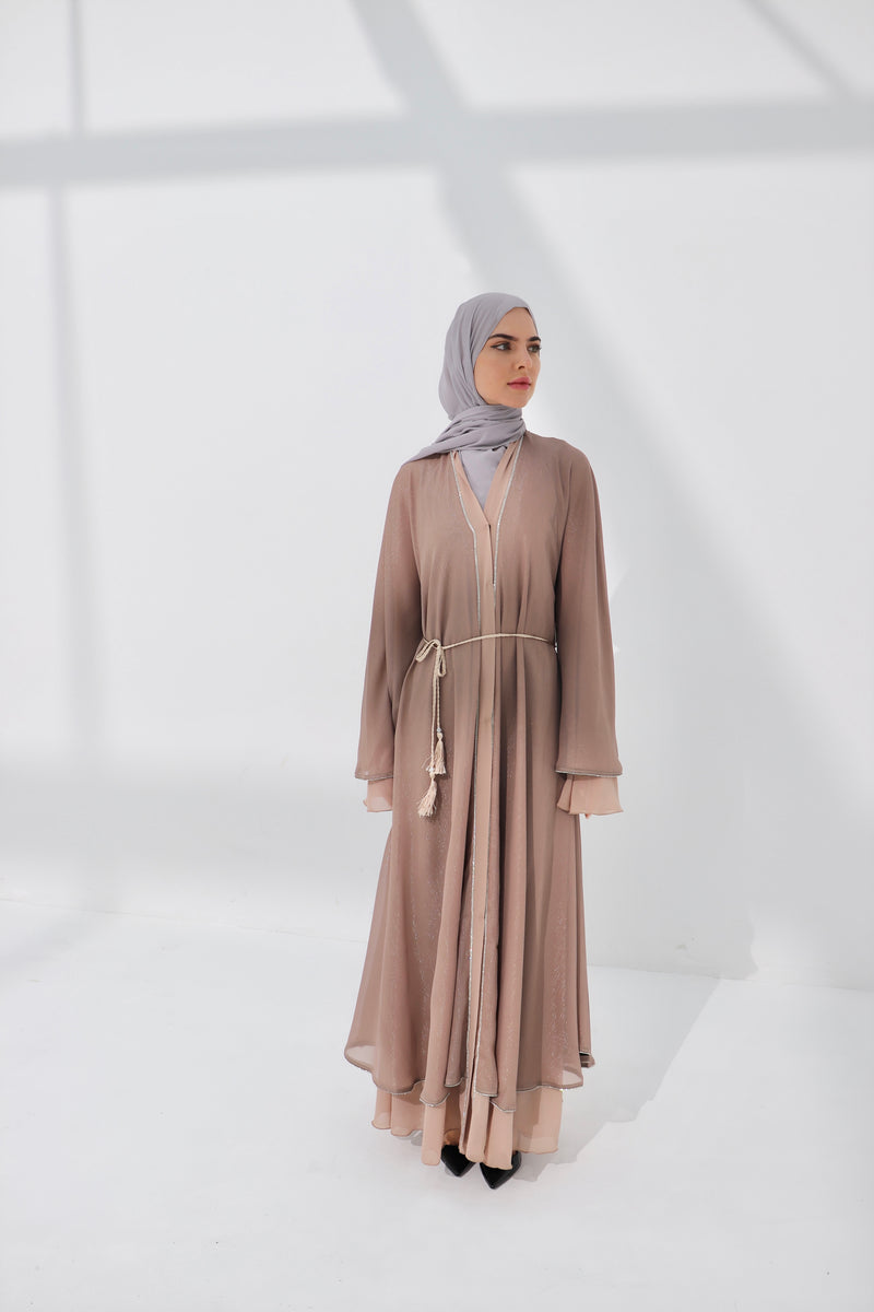 Mink Shimmer Chiffon Embellished Layered Open Abaya