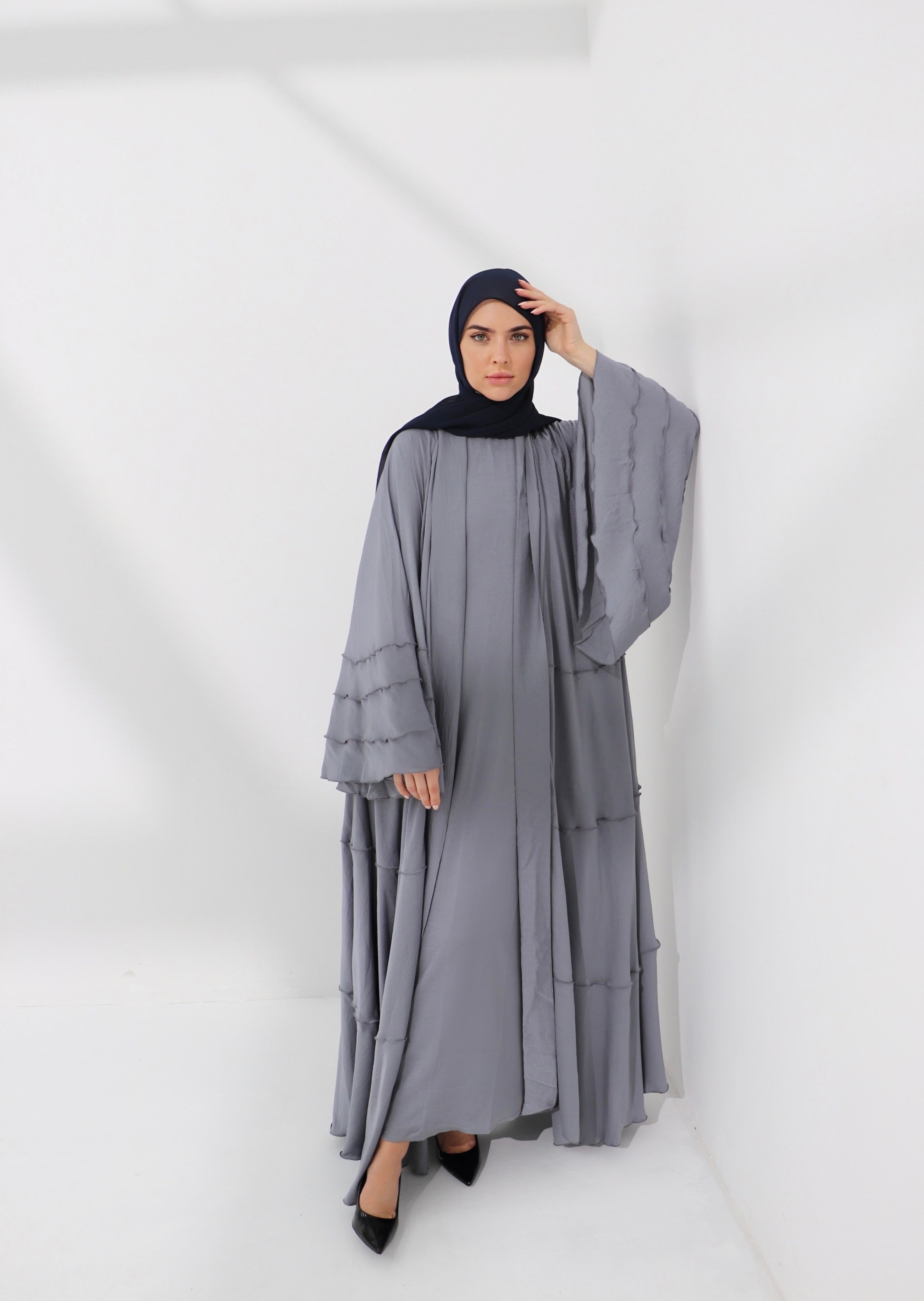 Grey Lined Umbrella Abaya