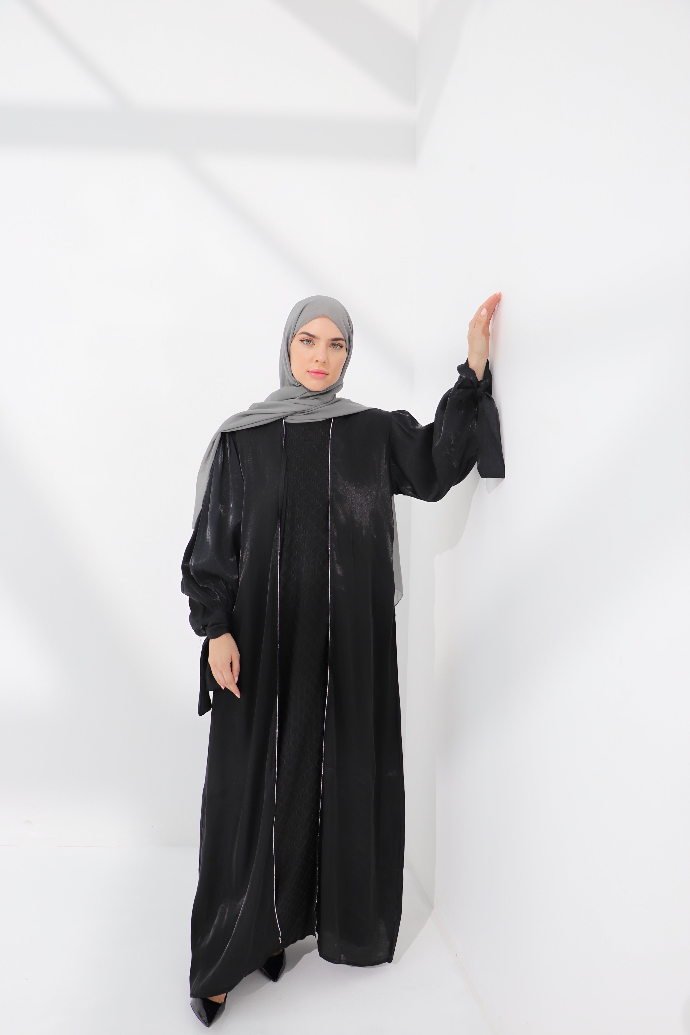 Black Embellished Tie Cuff Organza Abaya